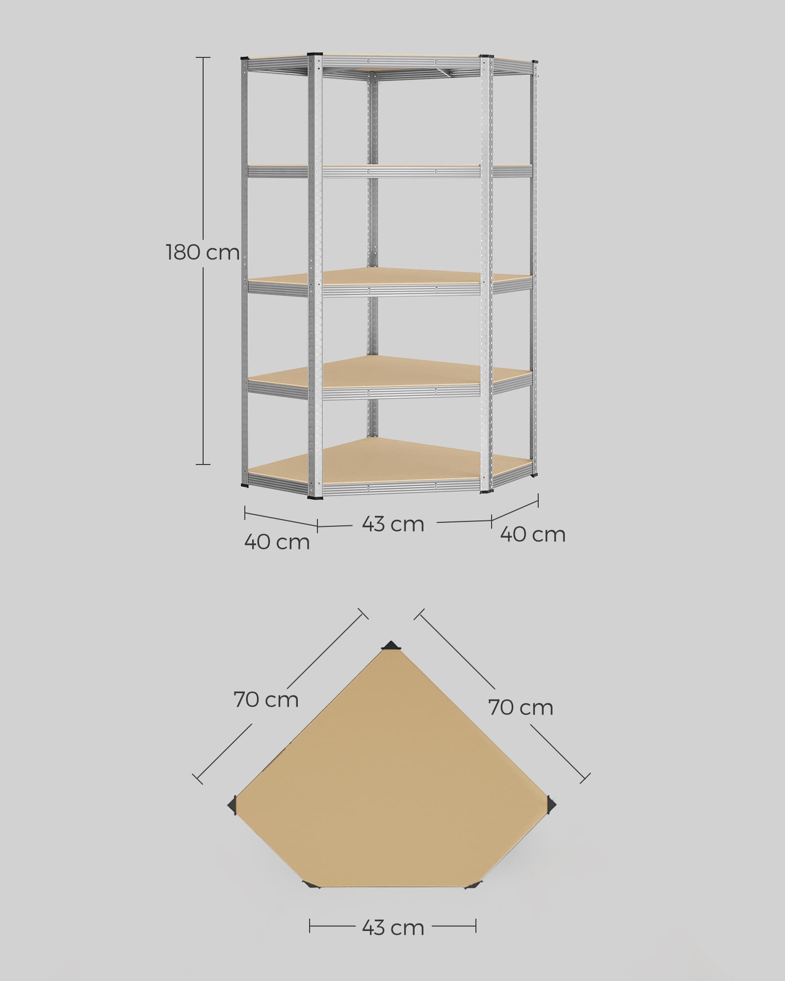 Kulmahylly, 5 hyllytasoa, 70 x 70 x 180 cm, galvanoitu teräs ja MDF, hopea, luonnonbeige - Image 8