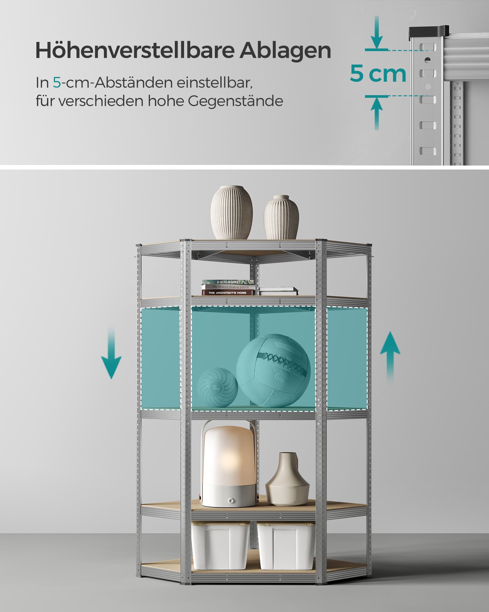 Kulmahylly, 5 hyllytasoa, 70 x 70 x 180 cm, galvanoitu teräs ja MDF, hopea, luonnonbeige - Image 7