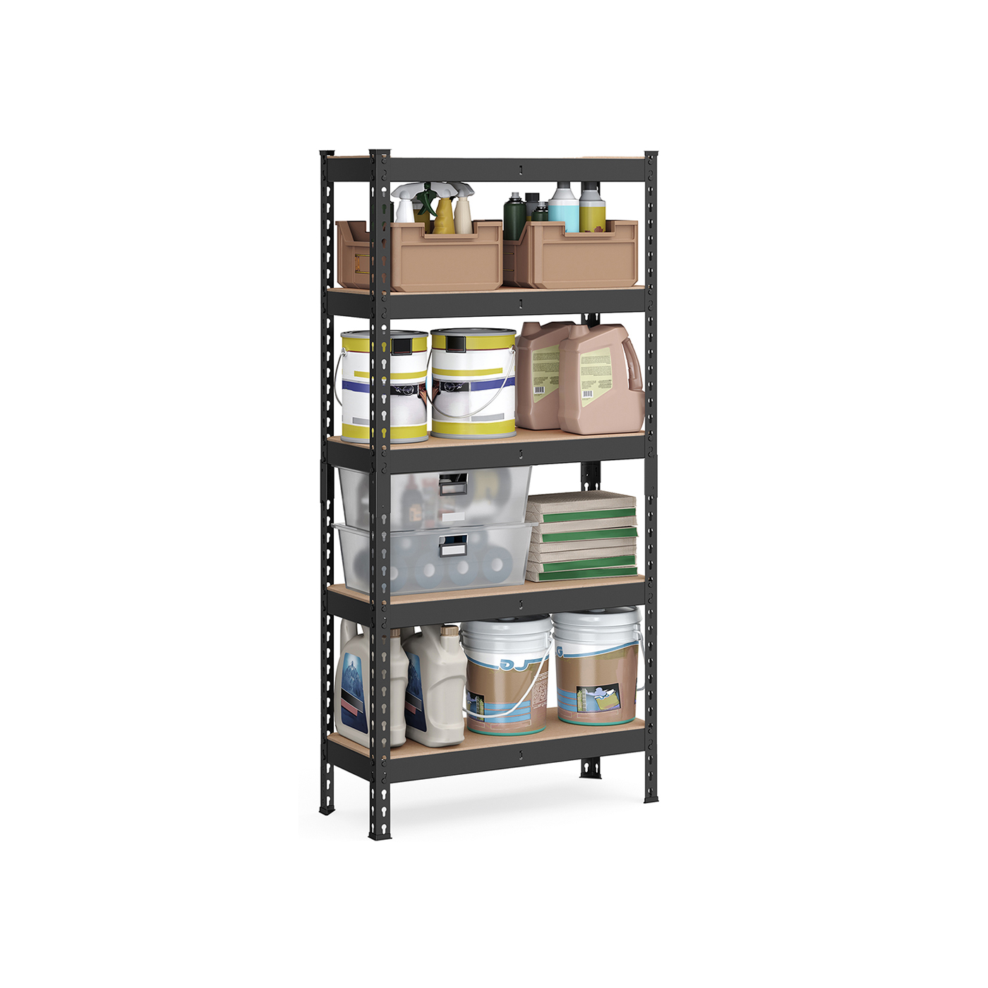 Raskete koormate riiul 5 riiuliga, teras ja MDF, 30 x 75 x 150 cm, must