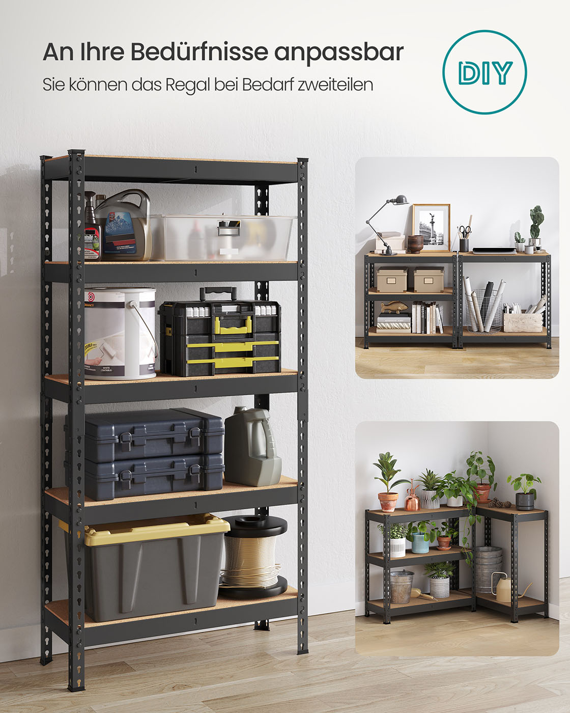 Raskaan kuorman hylly 5 hyllytasolla, teräs ja MDF, 30 x 75 x 150 cm, musta - Image 6