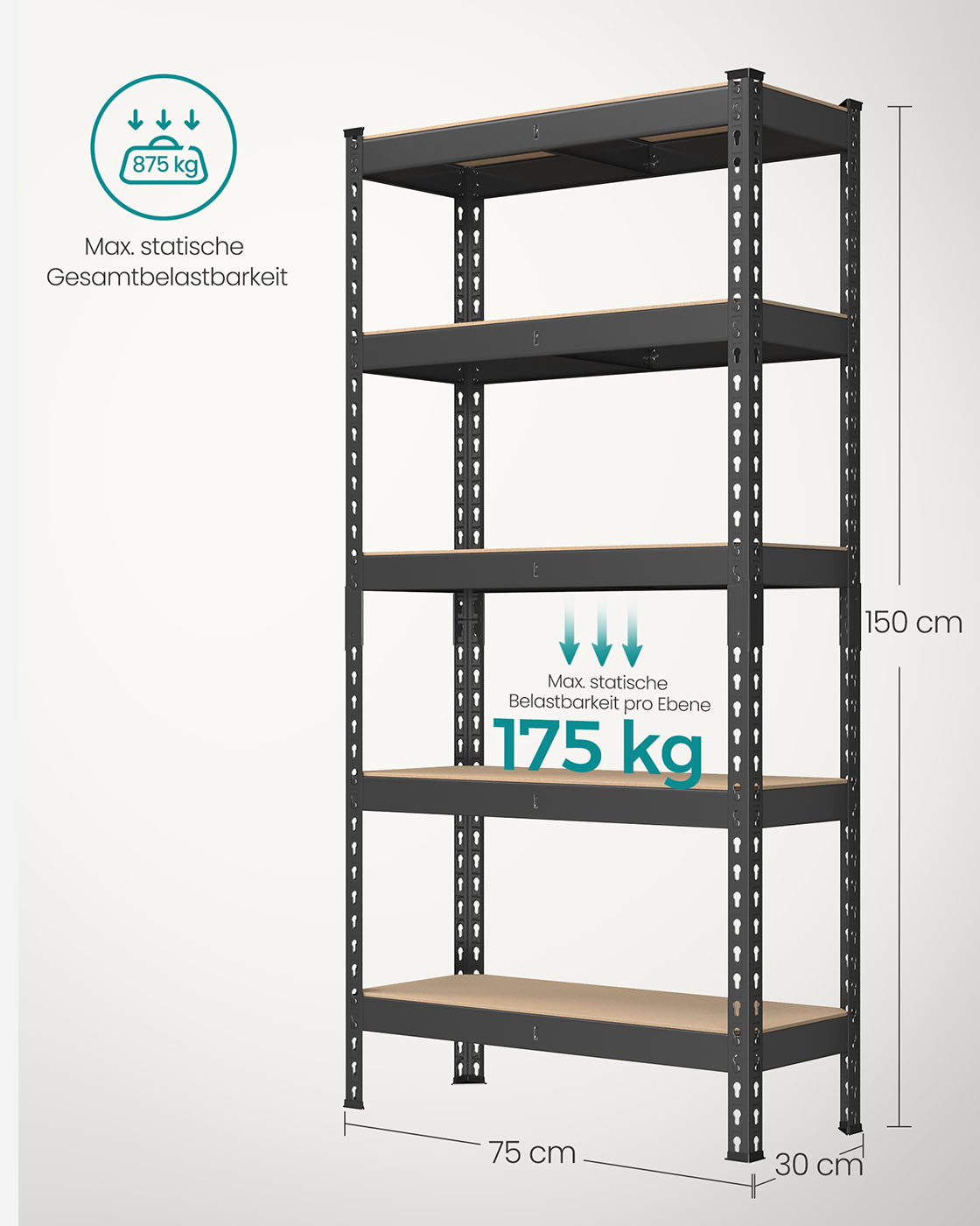 Raskaan kuorman hylly 5 hyllytasolla, teräs ja MDF, 30 x 75 x 150 cm, musta - Image 7