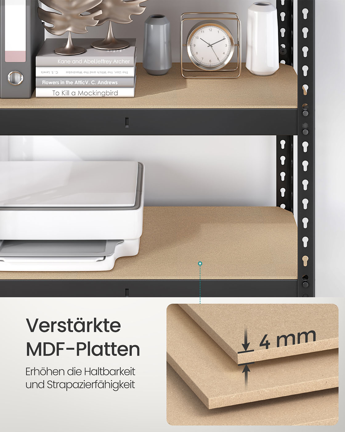 Raskaan kuorman hylly 5 hyllytasolla, teräs ja MDF, 30 x 75 x 150 cm, musta - Image 8