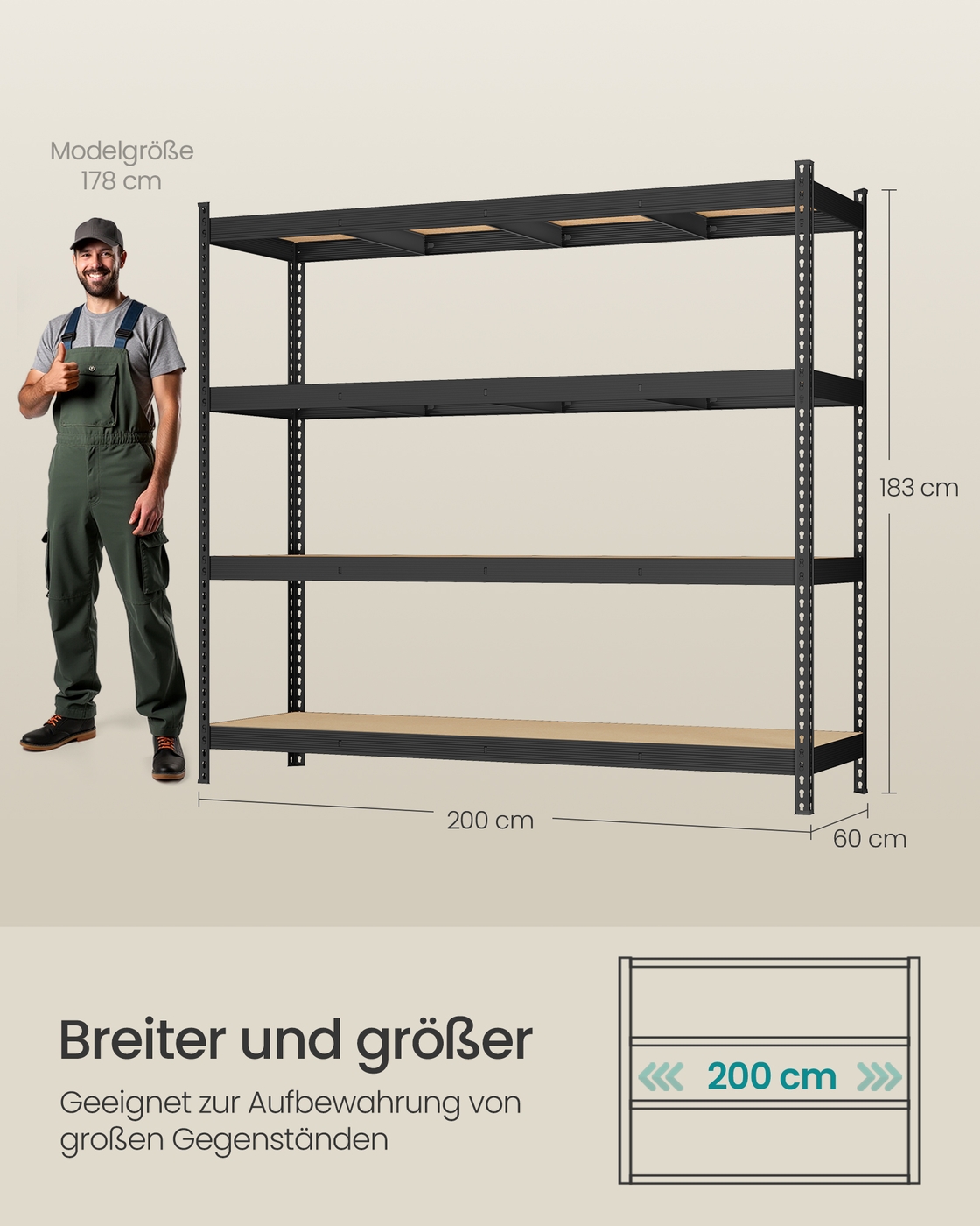 Raskaskäyttöinen hylly 4 MDF-hyllytasolla, musta, 60 x 200 x 183 cm - Image 5