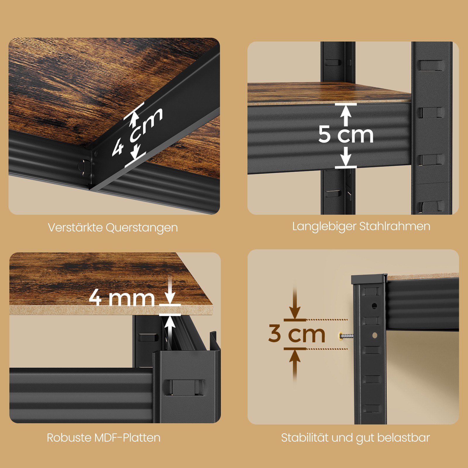 Smagās slodzes plaukts, 30 x 75 x 150 cm, tērauds un MDF, 5 regulējami plaukti, 650 kg - Image 3