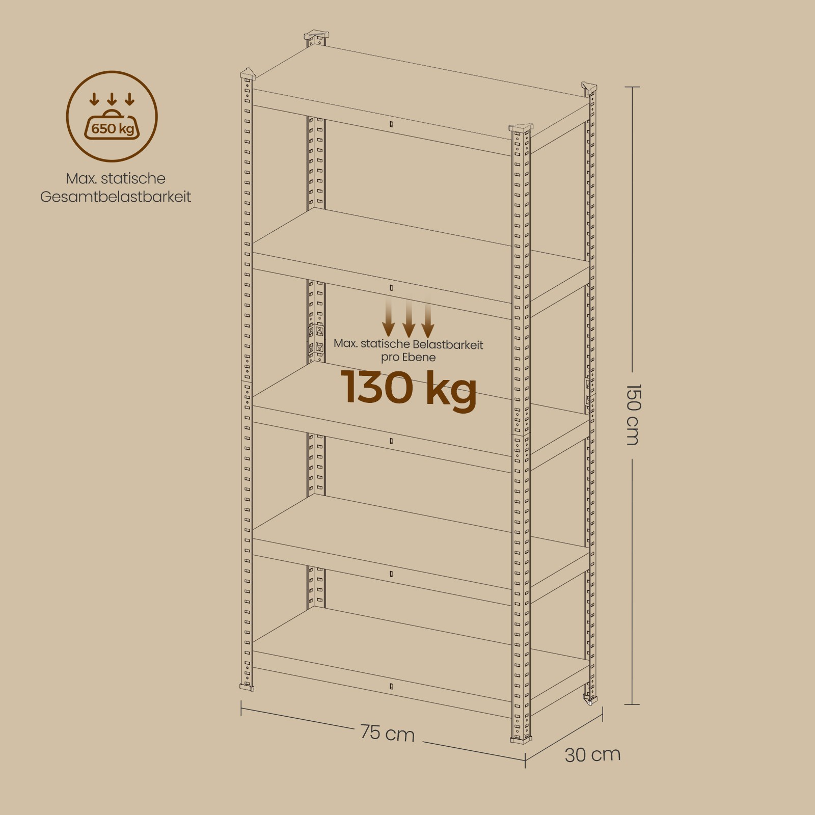 Smagās slodzes plaukts, 30 x 75 x 150 cm, tērauds un MDF, 5 regulējami plaukti, 650 kg - Image 6