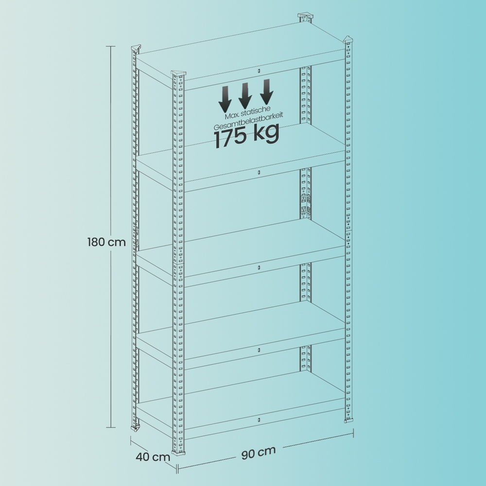Smagās slodzes plaukts, 2 gab., 40 x 90 x 180 cm, 5 regulējami plaukti, melns - Image 5