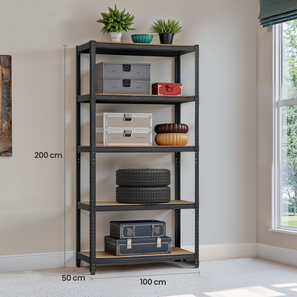 Smagās slodzes plaukts, 50 x 100 x 200 cm, melns, no cinkota tērauda un MDF, 5 regulējami plaukti - Image 2