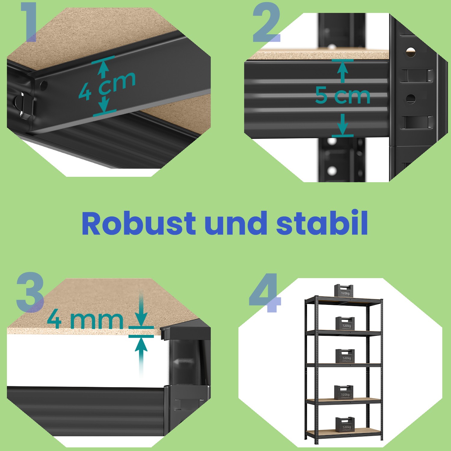 Raskaan kuorman hyllysetti, 2 kpl, 50 x 100 x 200 cm, musta teräs ja MDF - Image 4
