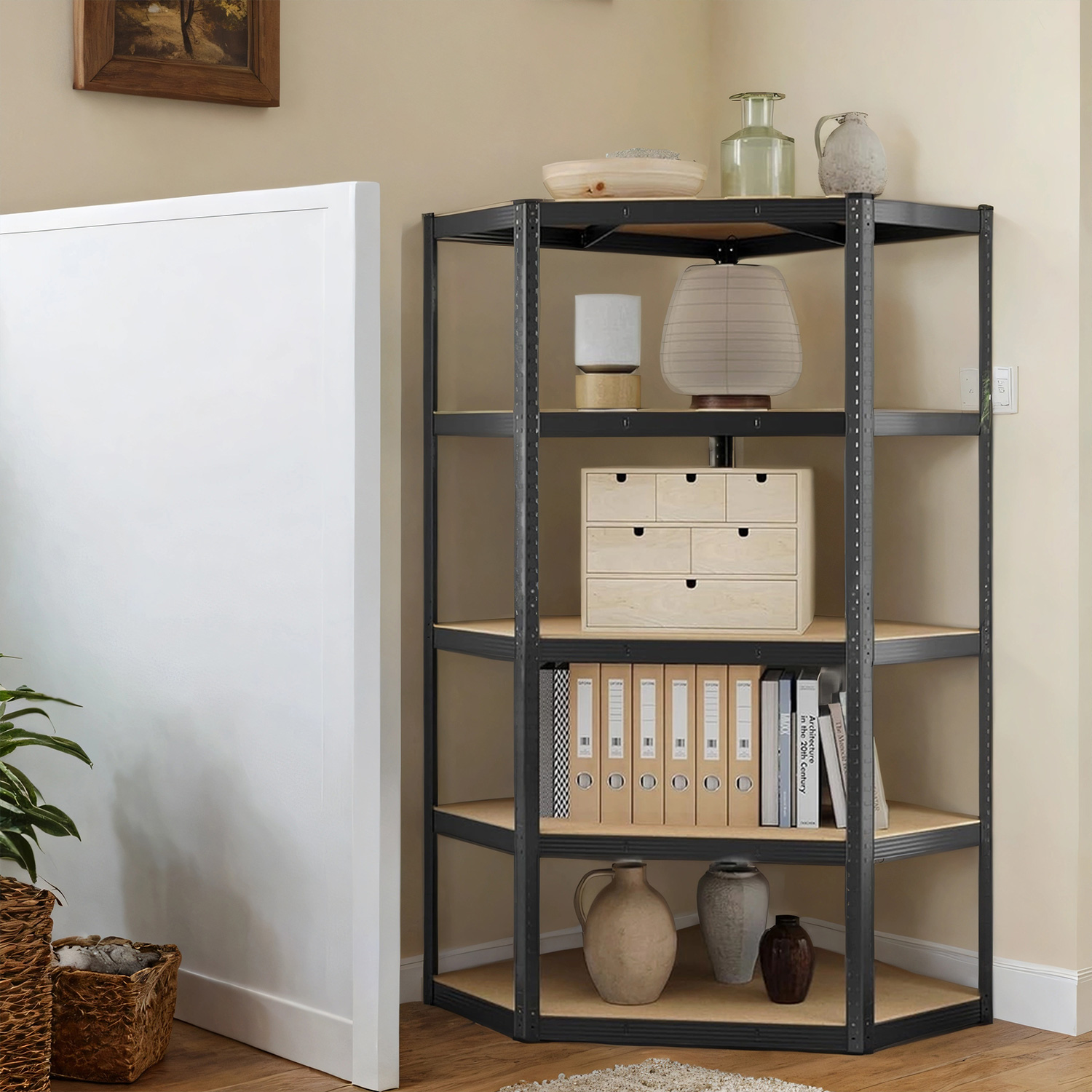 Nurgariiul 5 riiuliga, teras ja MDF, 70 x 70 x 180 cm, must-naturaalne beež