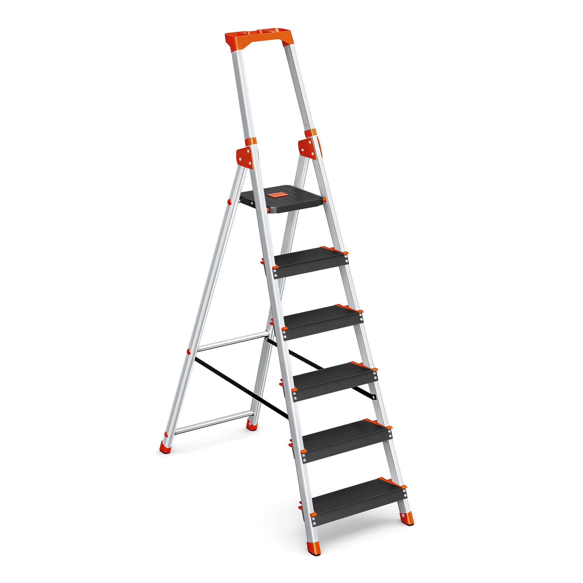 6 pakopų pastatomos kopėčios iš aliuminio, 48,5 x 115 x 186 cm, apkrova iki 150 kg