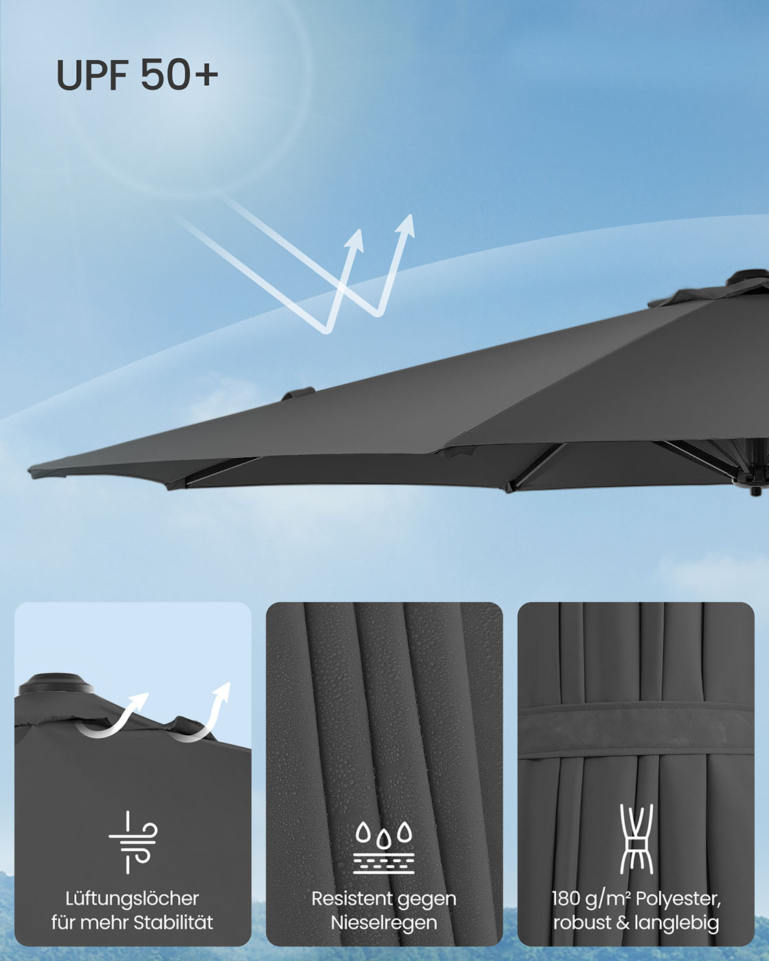 Konsolinis skėtis nuo saulės, 300 cm, UPF 50+, su rankenėle ir kryžminiu pagrindu, pilkas - Image 3