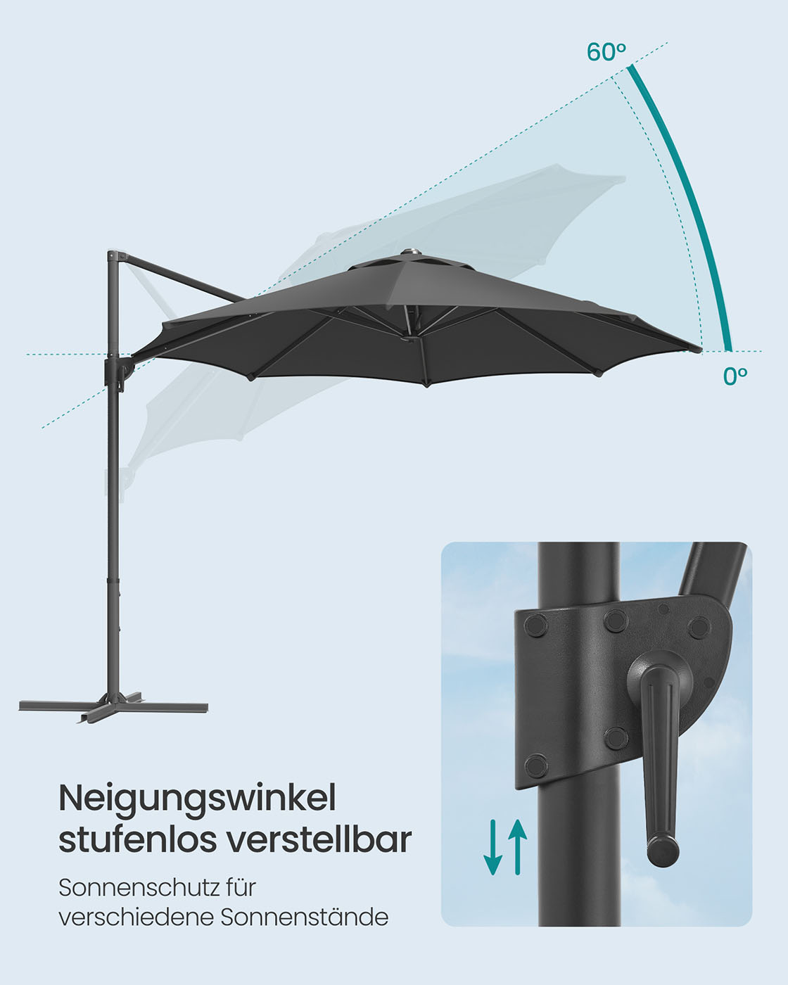 Konsolinis skėtis nuo saulės, 300 cm, UPF 50+, su rankenėle ir kryžminiu pagrindu, pilkas - Image 4