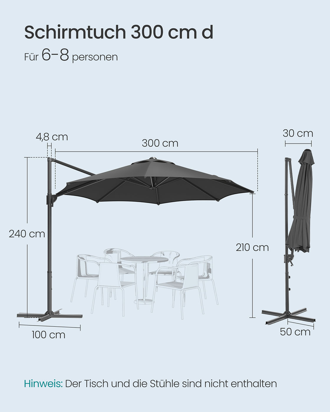 Konsolinis skėtis nuo saulės, 300 cm, UPF 50+, su rankenėle ir kryžminiu pagrindu, pilkas - Image 5