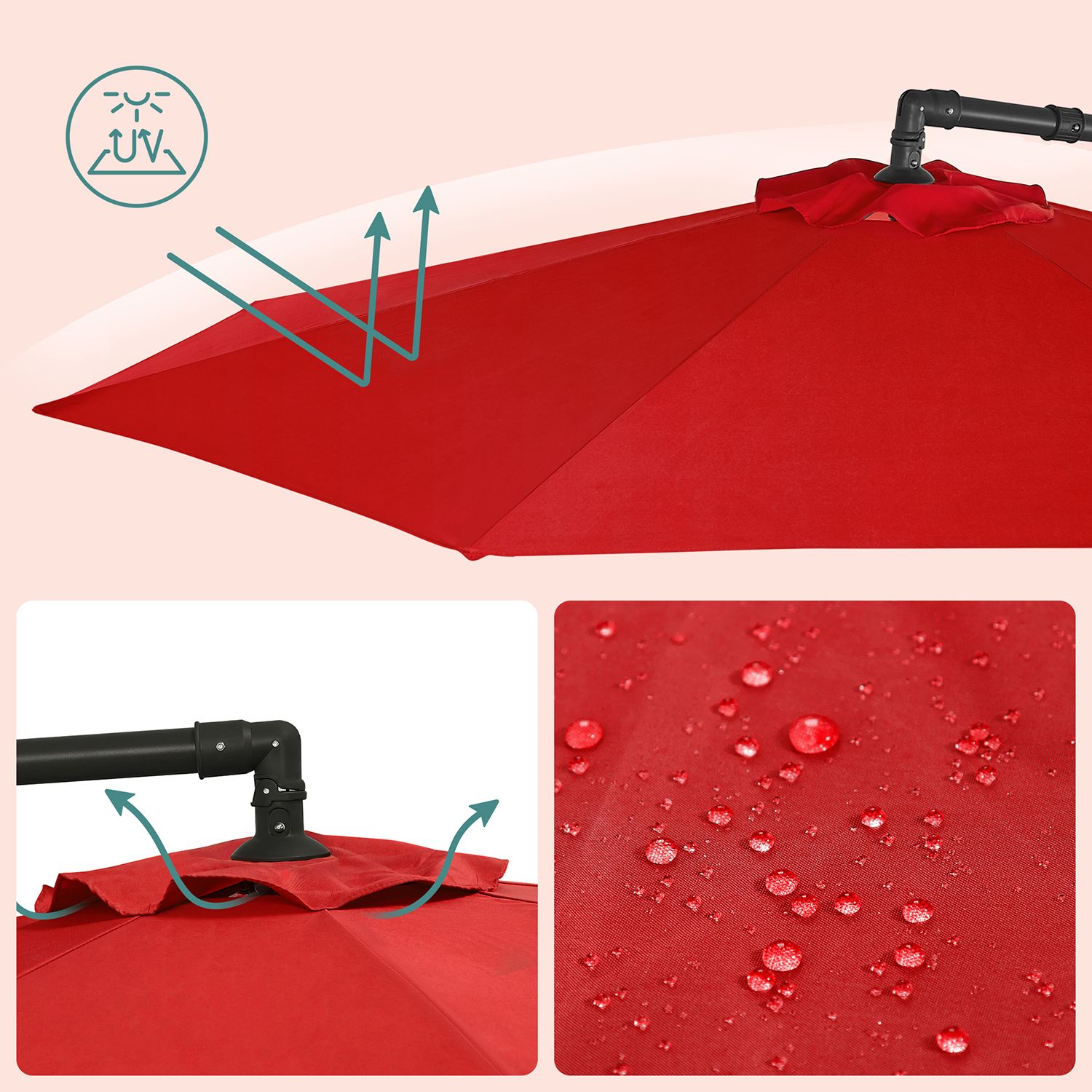 Pakabinamas sodo skėtis su stovu, Ø 300 cm, raudonas, metalas ir poliesteris - Image 5
