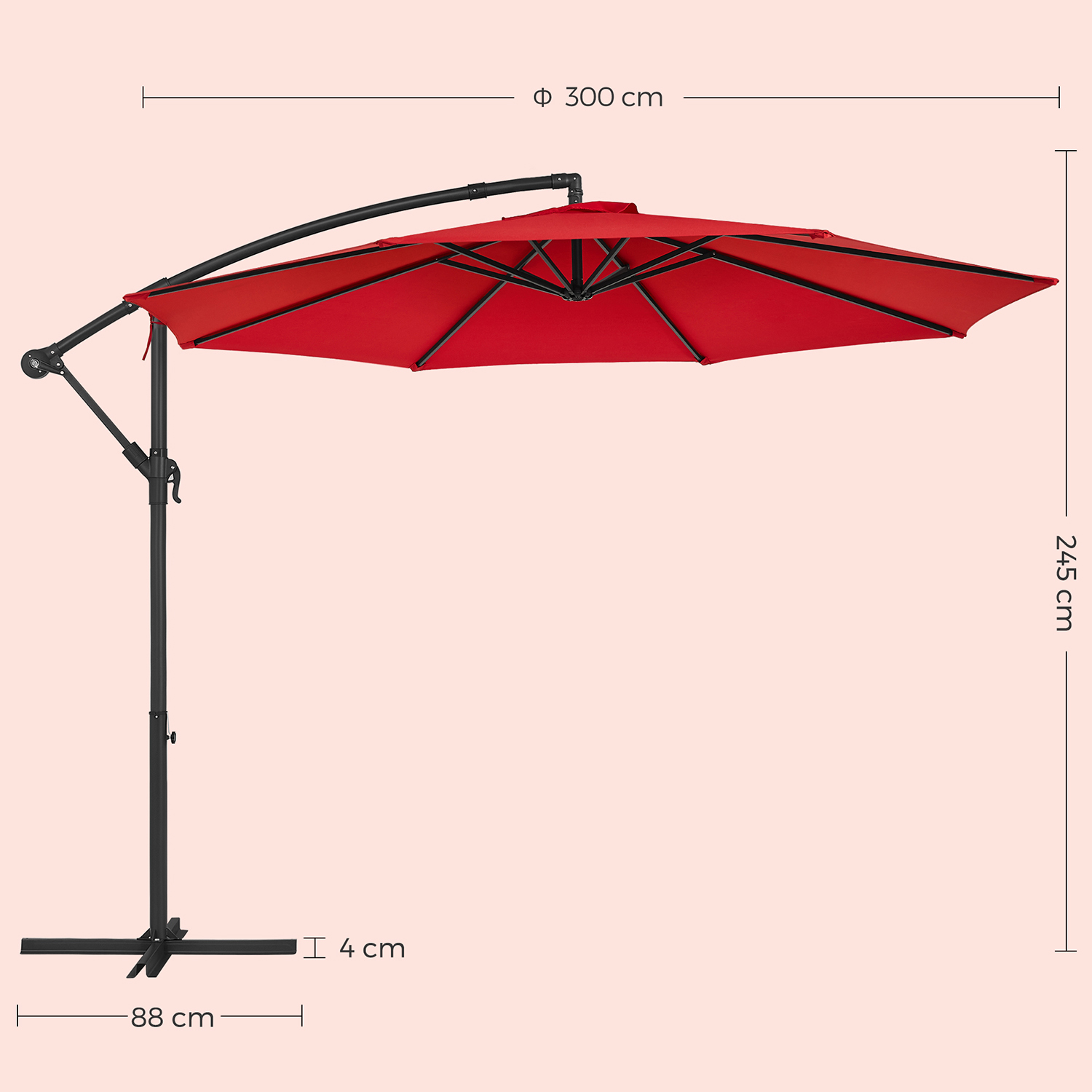Pakabinamas sodo skėtis su stovu, Ø 300 cm, raudonas, metalas ir poliesteris - Image 7