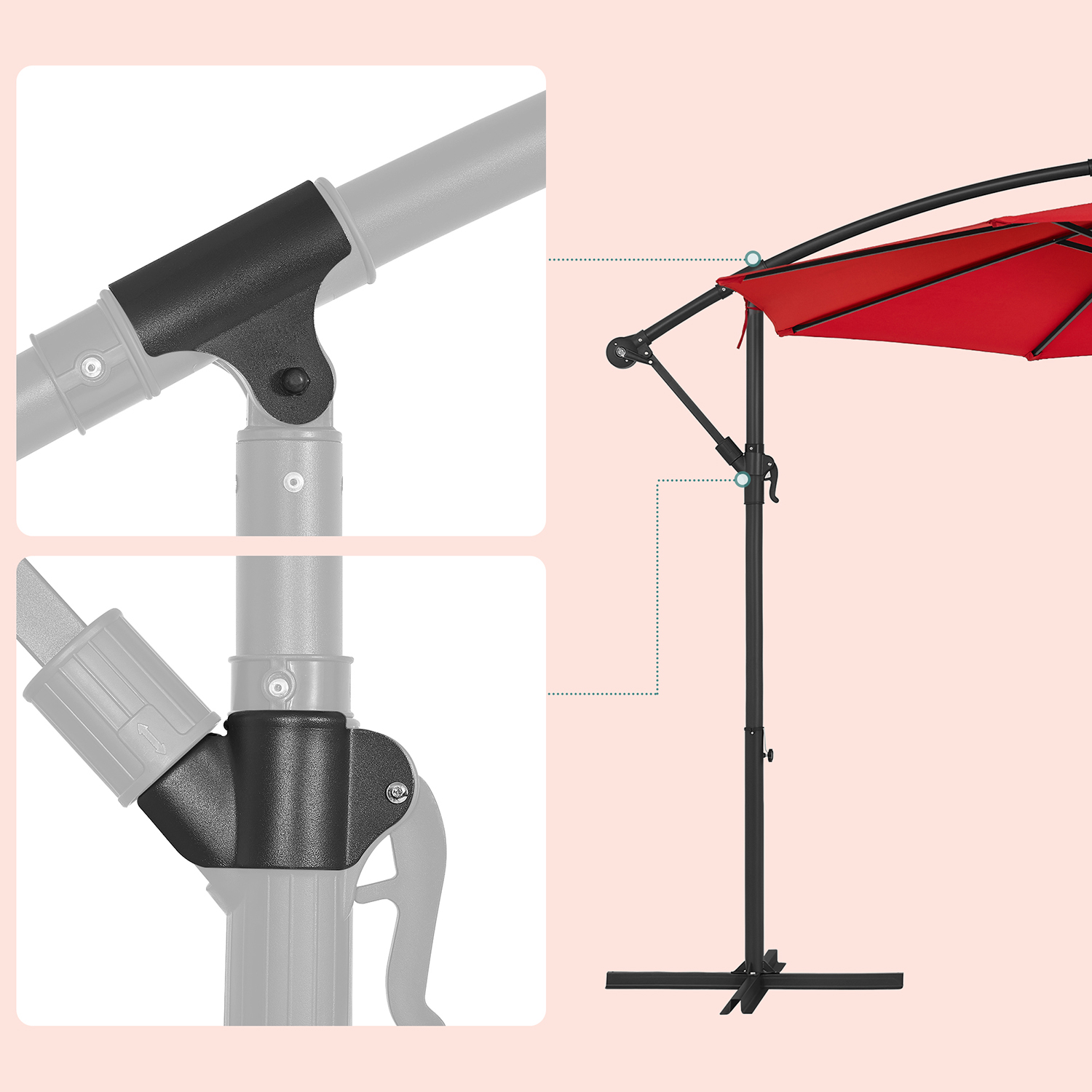 Pakabinamas sodo skėtis su stovu, Ø 300 cm, raudonas, metalas ir poliesteris - Image 8