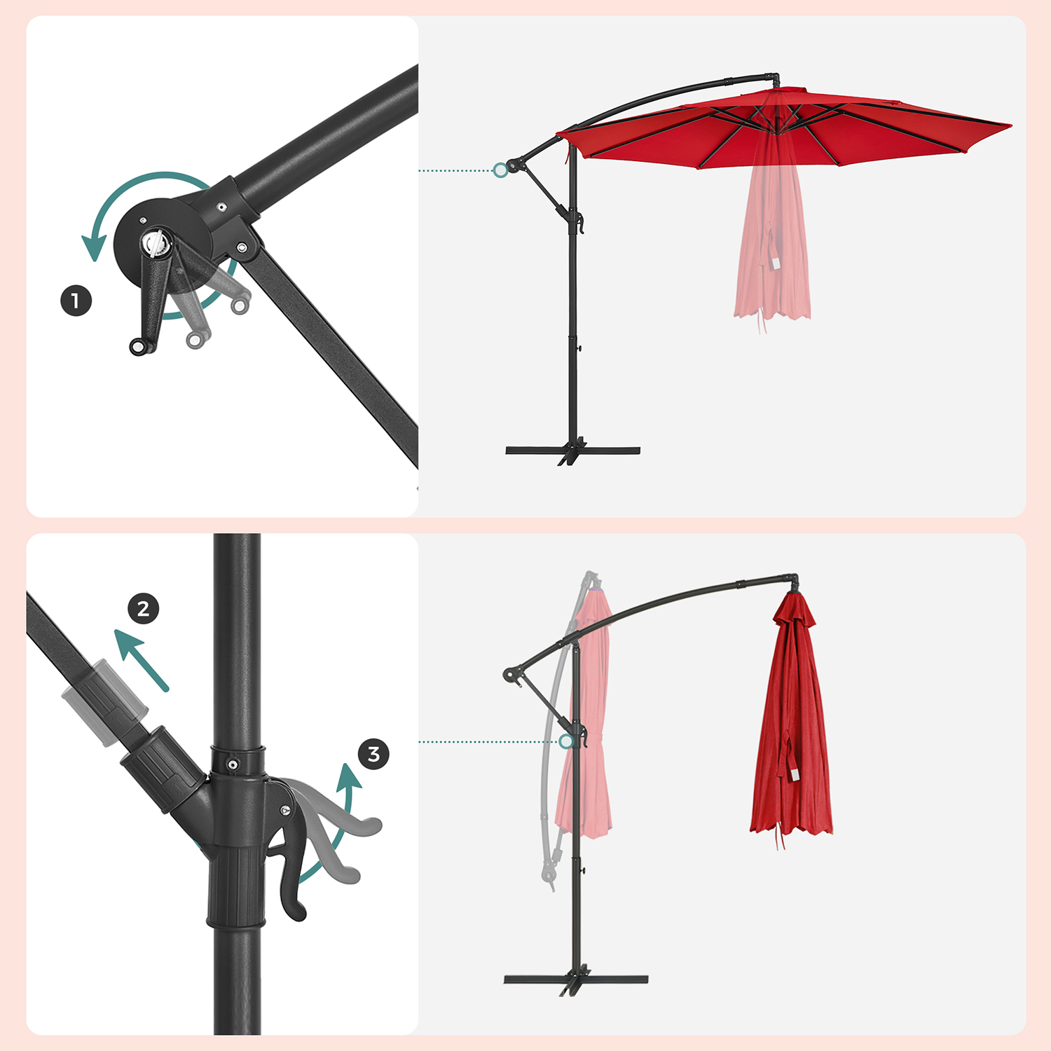 Pakabinamas sodo skėtis su stovu, Ø 300 cm, raudonas, metalas ir poliesteris - Image 9