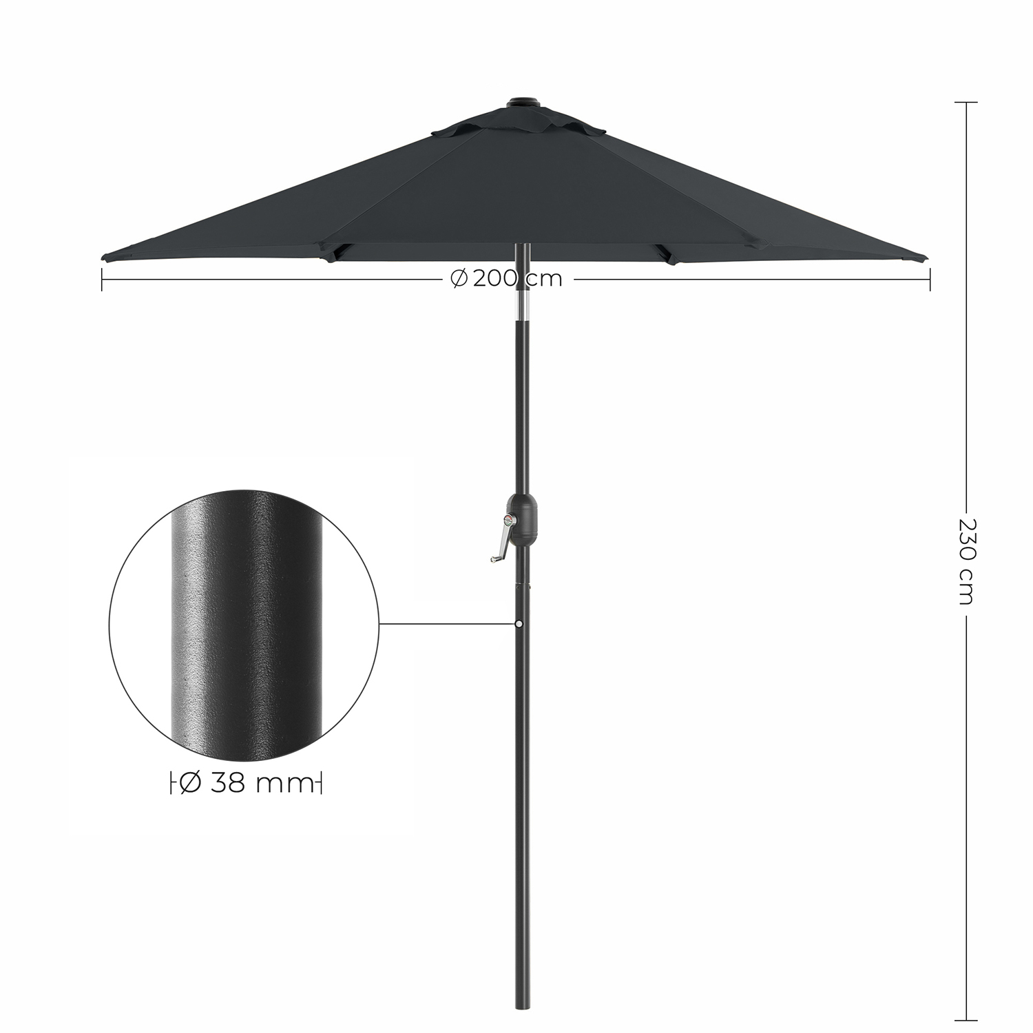 Aurinkovarjo, Ø 200 cm, harmaa, metalli ja 180 g/m² polyesteriä, kammella, kallistettava - Image 8