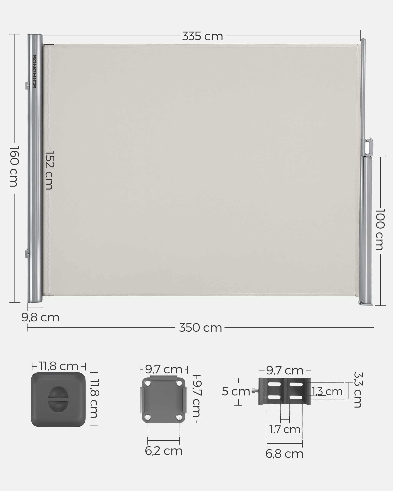 Šoninė markizė privatumui ir apsaugai nuo saulės, 160 x 350 cm, aliuminis, smėlio pilka - Image 2