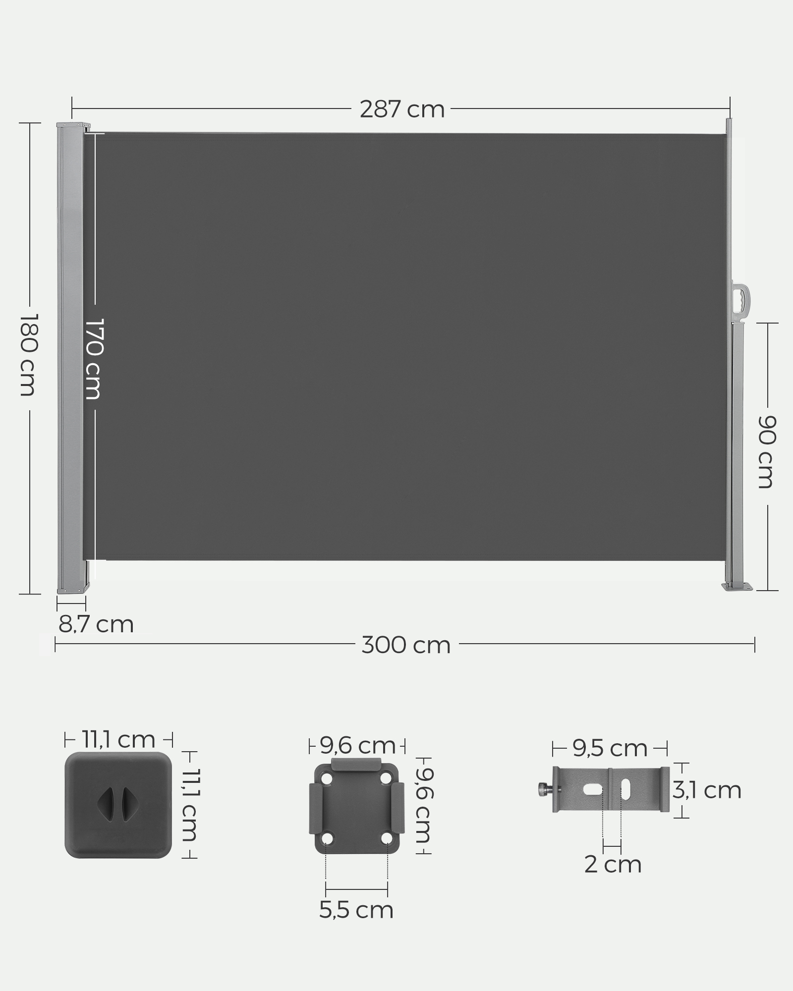 Šoninė markizė, antracito spalvos, plienas ir PVC dengtas poliesteris, 180 x 300 cm - Image 2