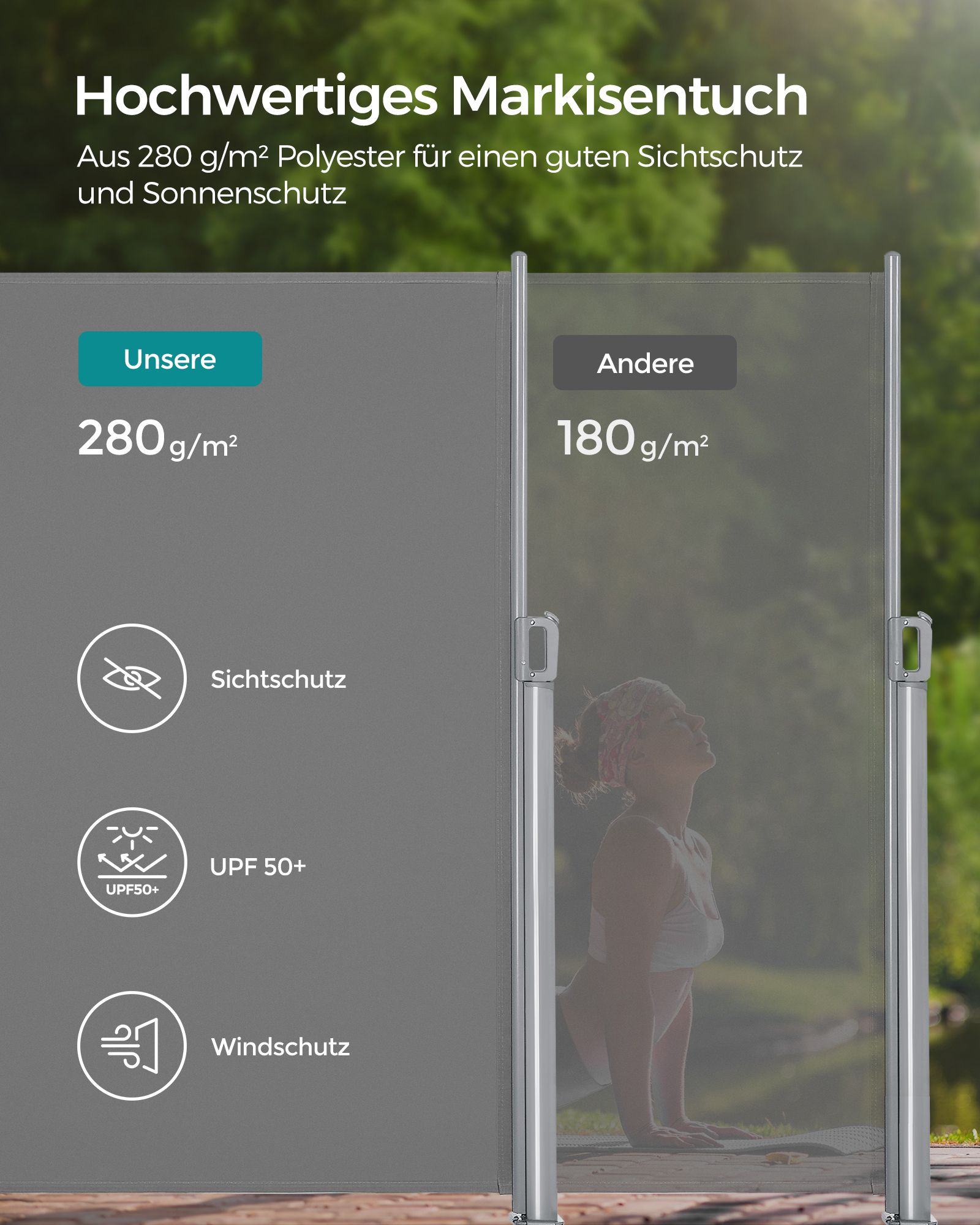Ištraukiama šoninė markizė balkonui ir terasai, pilka, 1,8 x 3,5 m, aliuminis, PU danga - Image 4