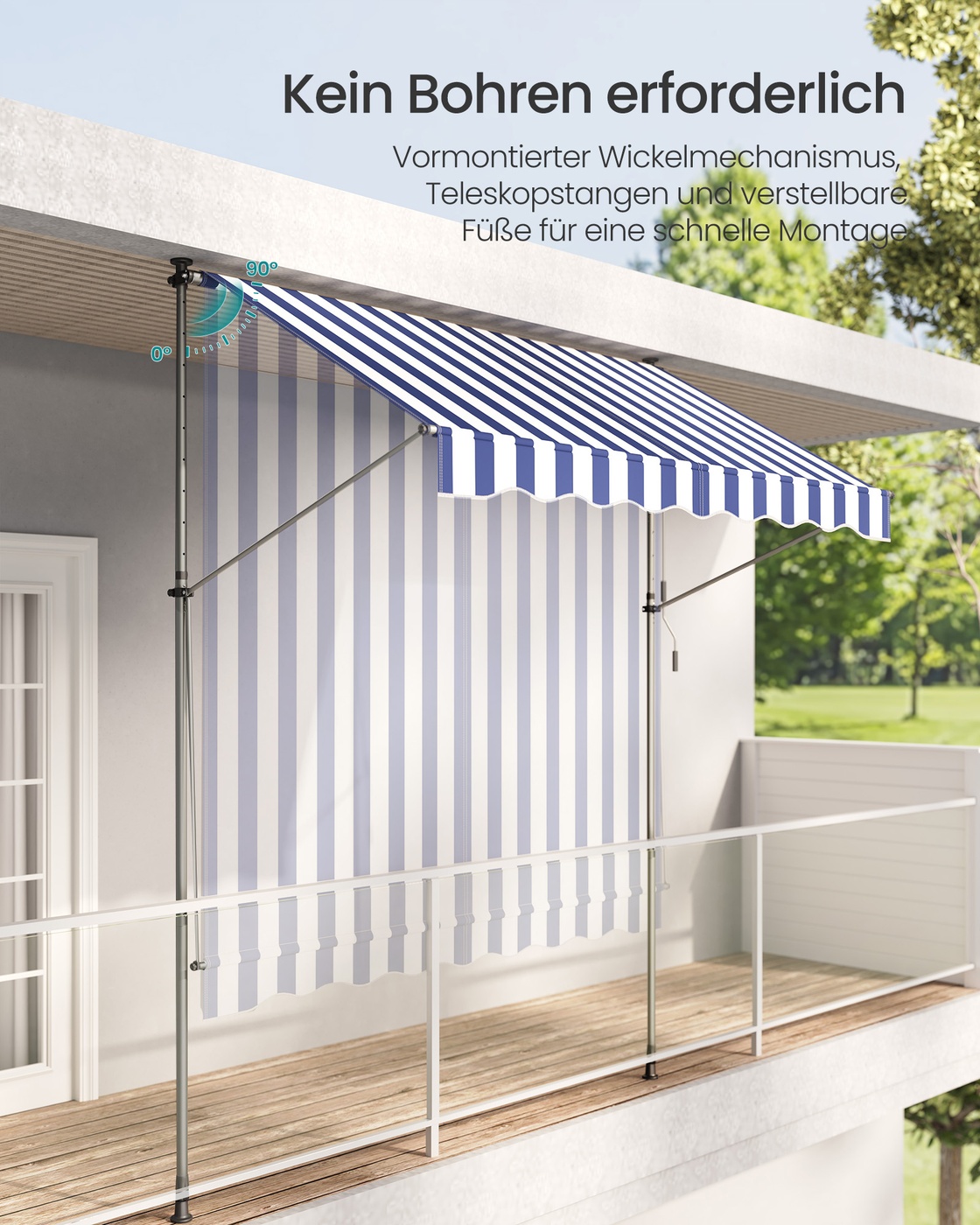 Prispaudžiama markizė 250 x 120 cm, mėlyna-balta, reguliuojamo aukščio 220–300 cm - Image 5