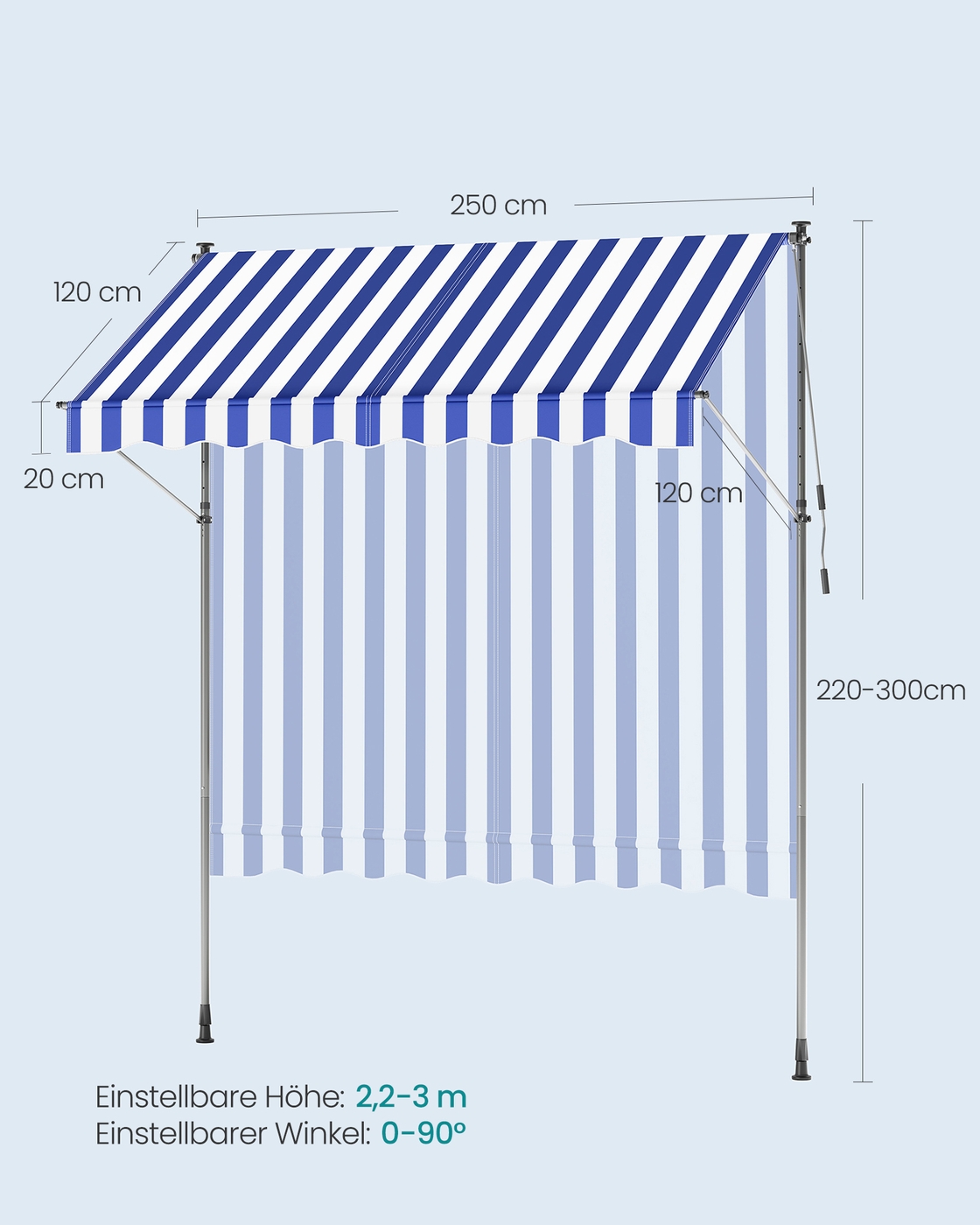Prispaudžiama markizė 250 x 120 cm, mėlyna-balta, reguliuojamo aukščio 220–300 cm - Image 6
