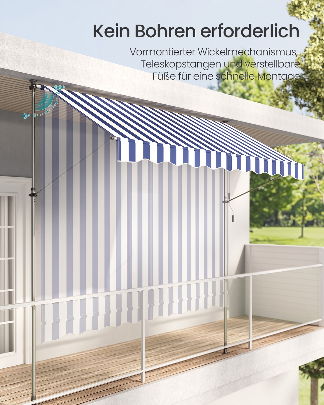 Prispaudžiama markizė 300 x 120 cm, mėlynai balta, reguliuojamo aukščio 220–300 cm - Image 5