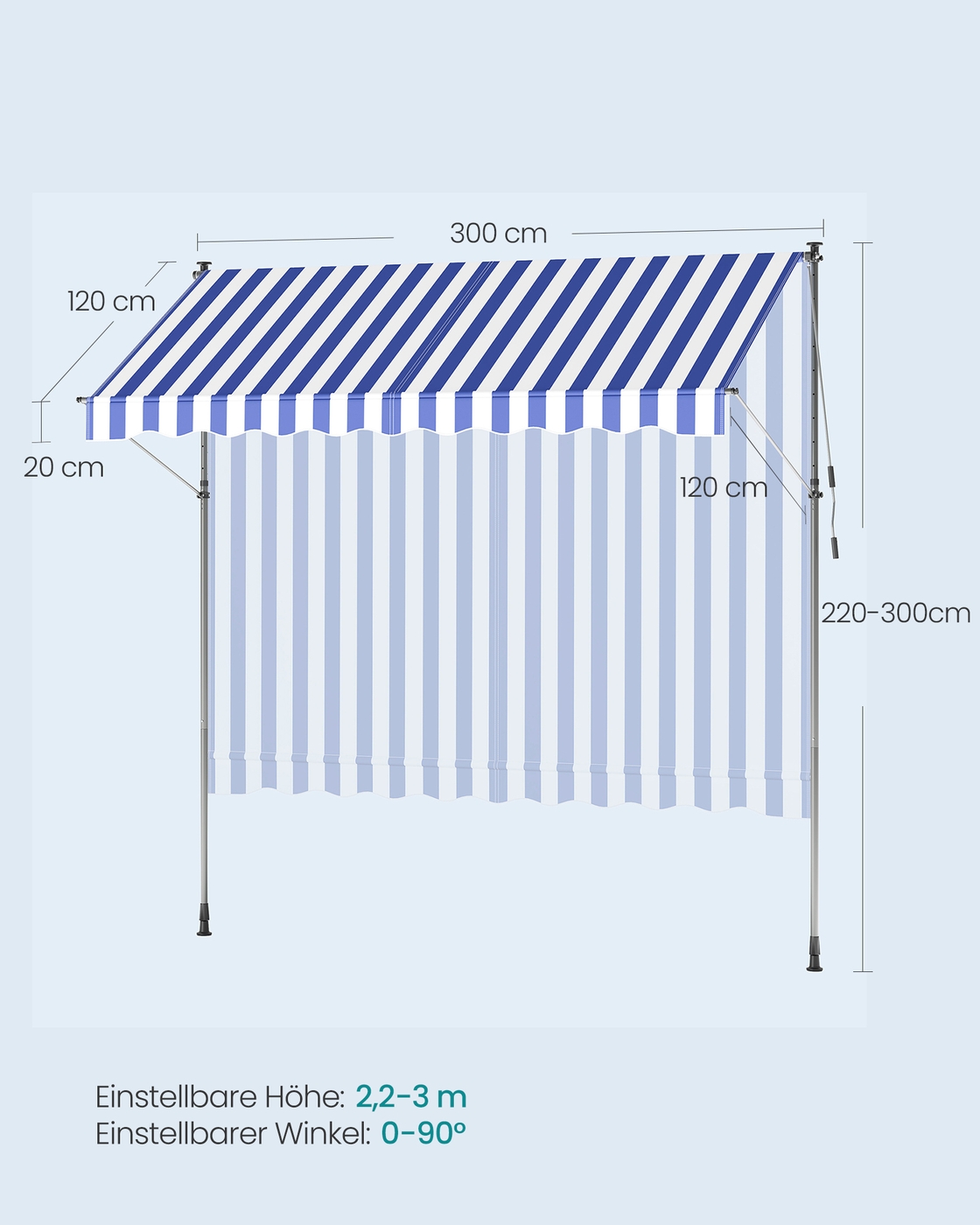 Prispaudžiama markizė 300 x 120 cm, mėlynai balta, reguliuojamo aukščio 220–300 cm - Image 6