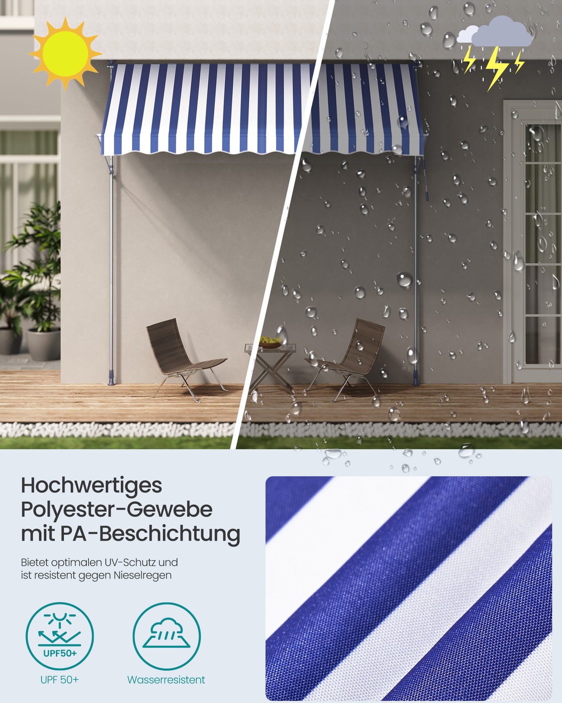 Prispaudžiama markizė 300 x 120 cm, mėlynai balta, reguliuojamo aukščio 220–300 cm - Image 7