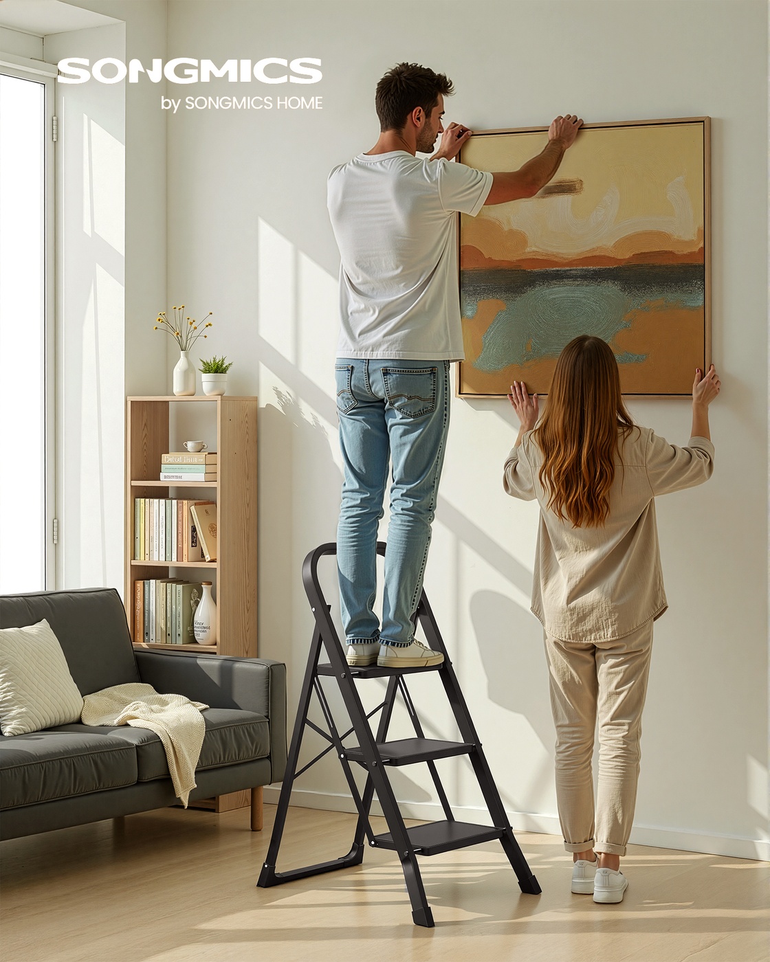 3 pakopų sulankstomos kopėčios, plieninės, juodos, 74,5 x 46,5 x 105 cm, iki 150 kg - Image 2