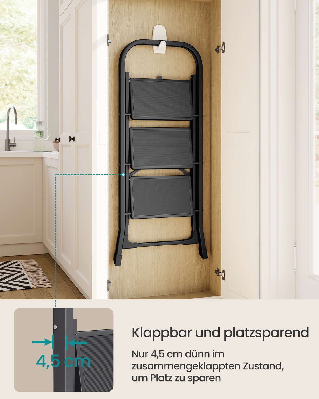 3 pakopų sulankstomos kopėčios, plieninės, juodos, 74,5 x 46,5 x 105 cm, iki 150 kg - Image 4