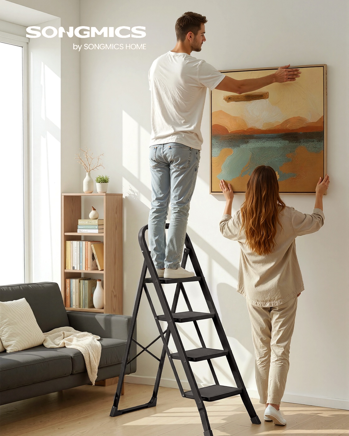Sulankstomos 4 pakopų kopėčios iš plieno, juodos, 89 x 45 x 127 cm, apkrova iki 150 kg - Image 2