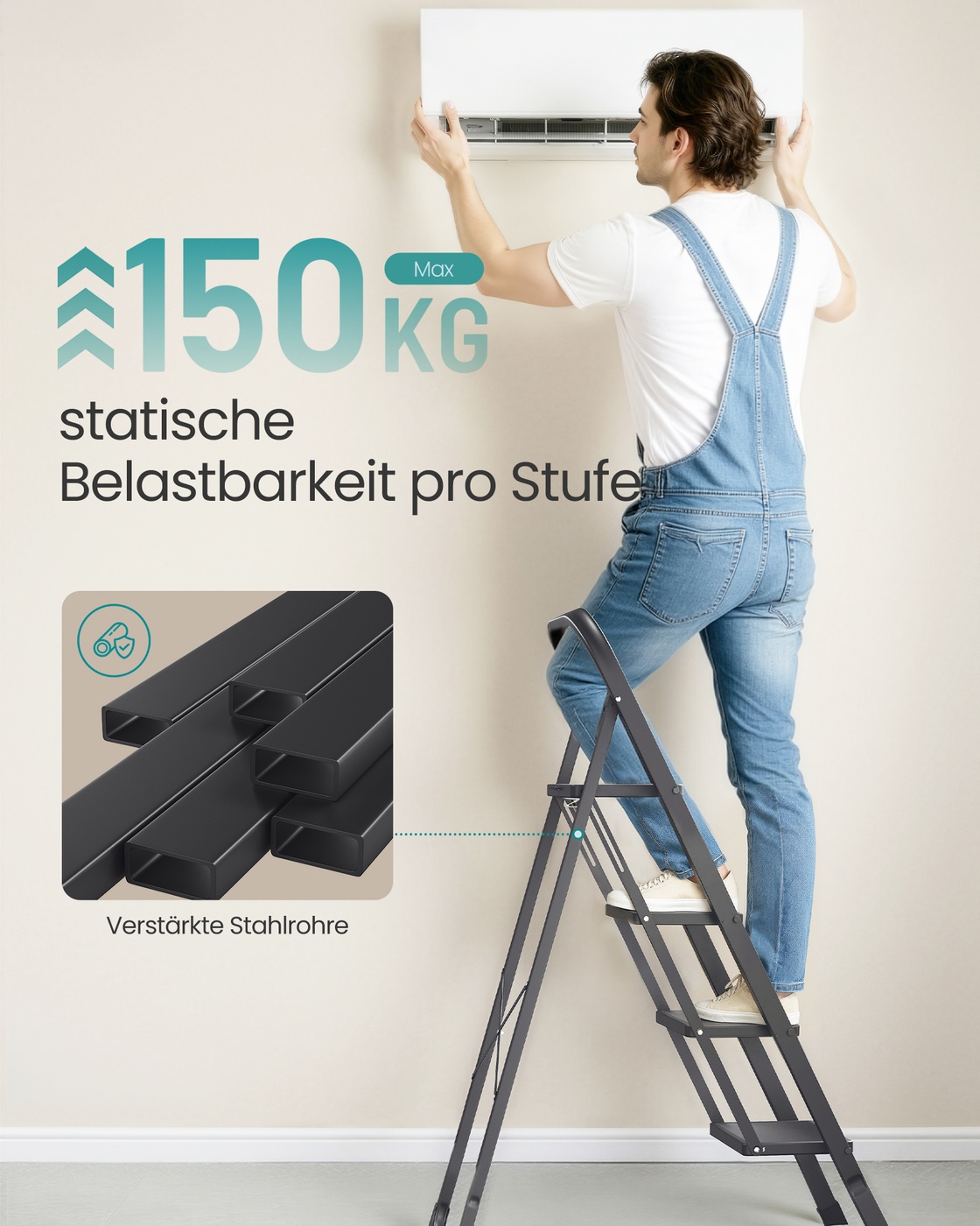 Sulankstomos 4 pakopų kopėčios iš plieno, juodos, 89 x 45 x 127 cm, apkrova iki 150 kg - Image 3