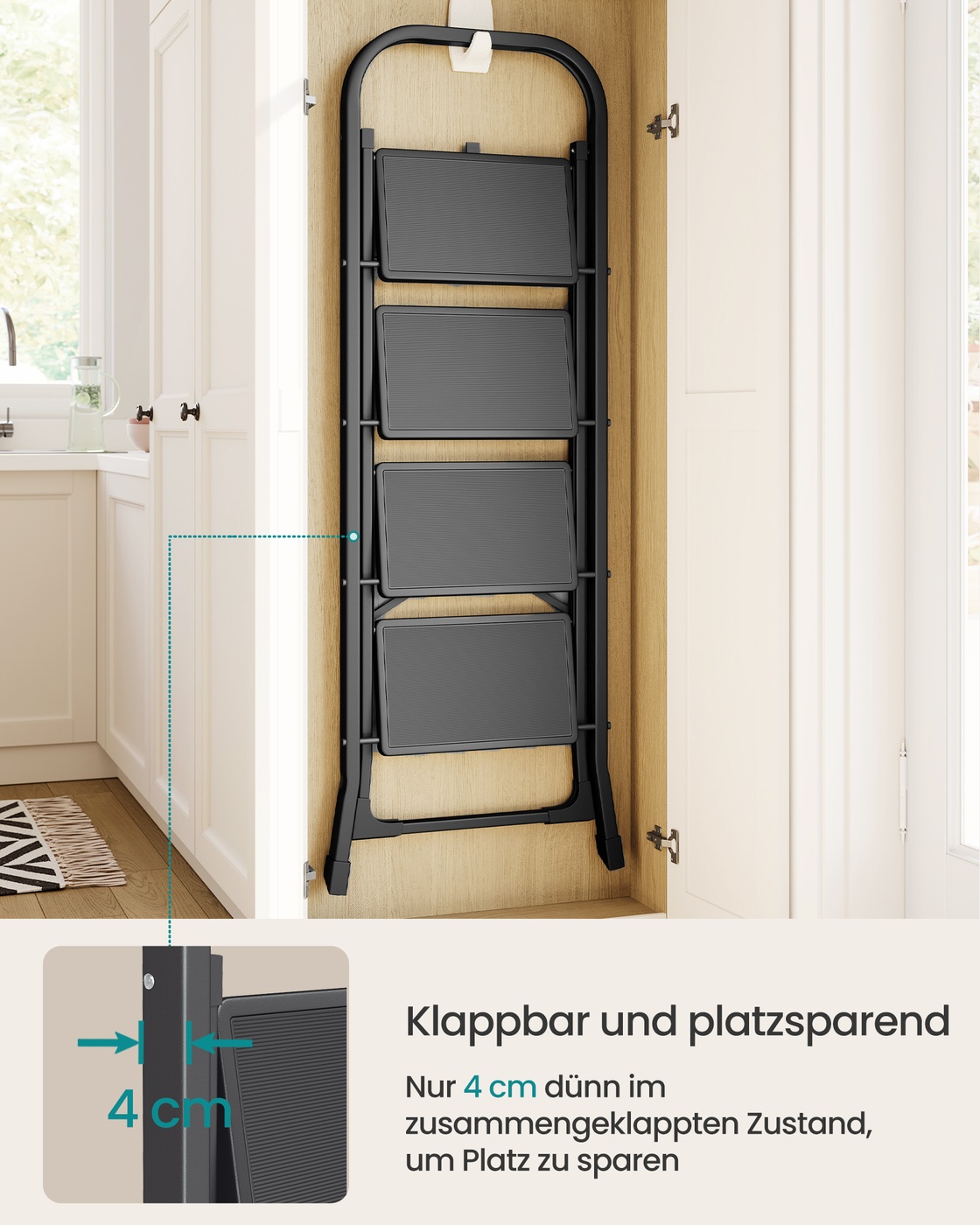 Sulankstomos 4 pakopų kopėčios iš plieno, juodos, 89 x 45 x 127 cm, apkrova iki 150 kg - Image 4