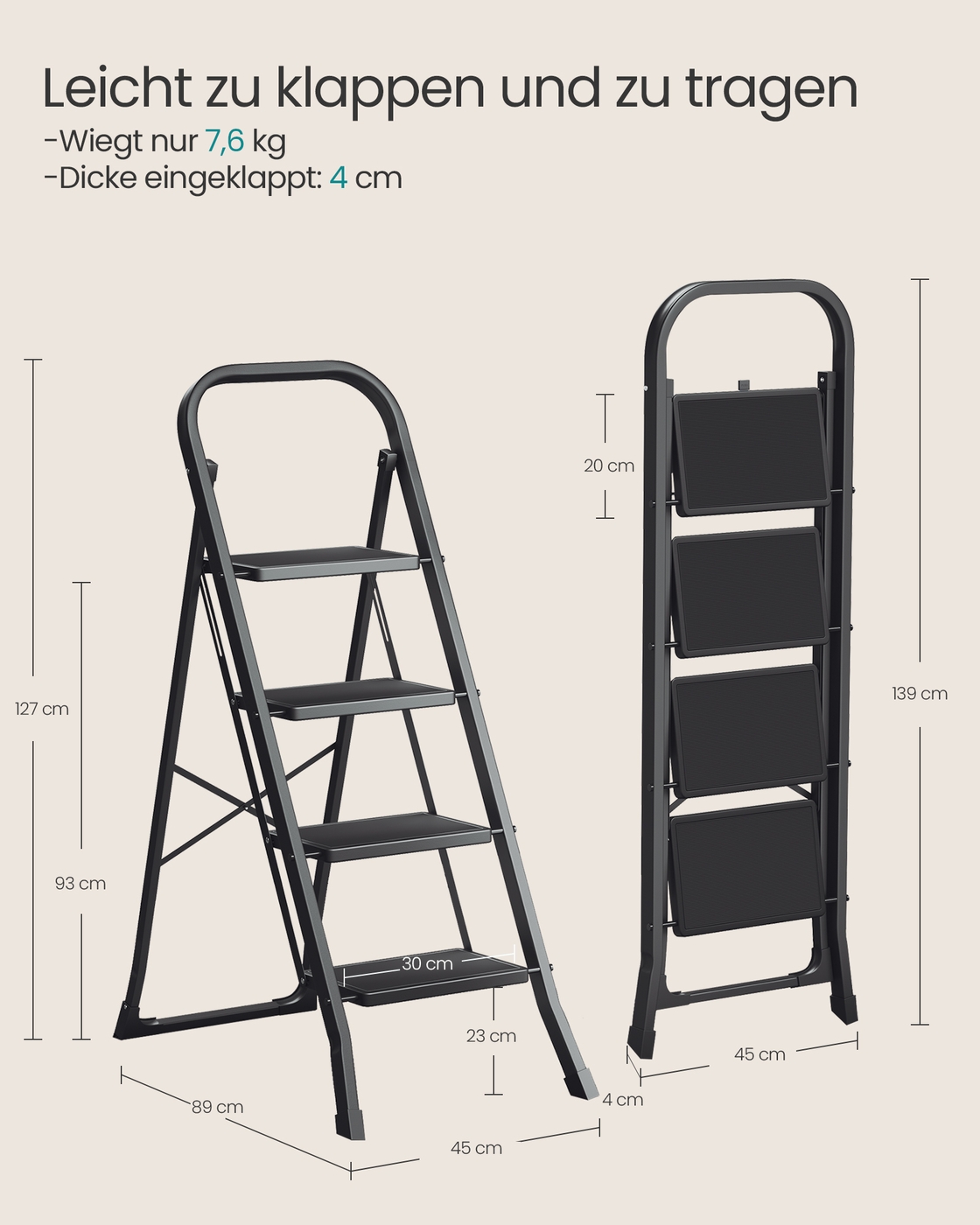 Sulankstomos 4 pakopų kopėčios iš plieno, juodos, 89 x 45 x 127 cm, apkrova iki 150 kg - Image 6