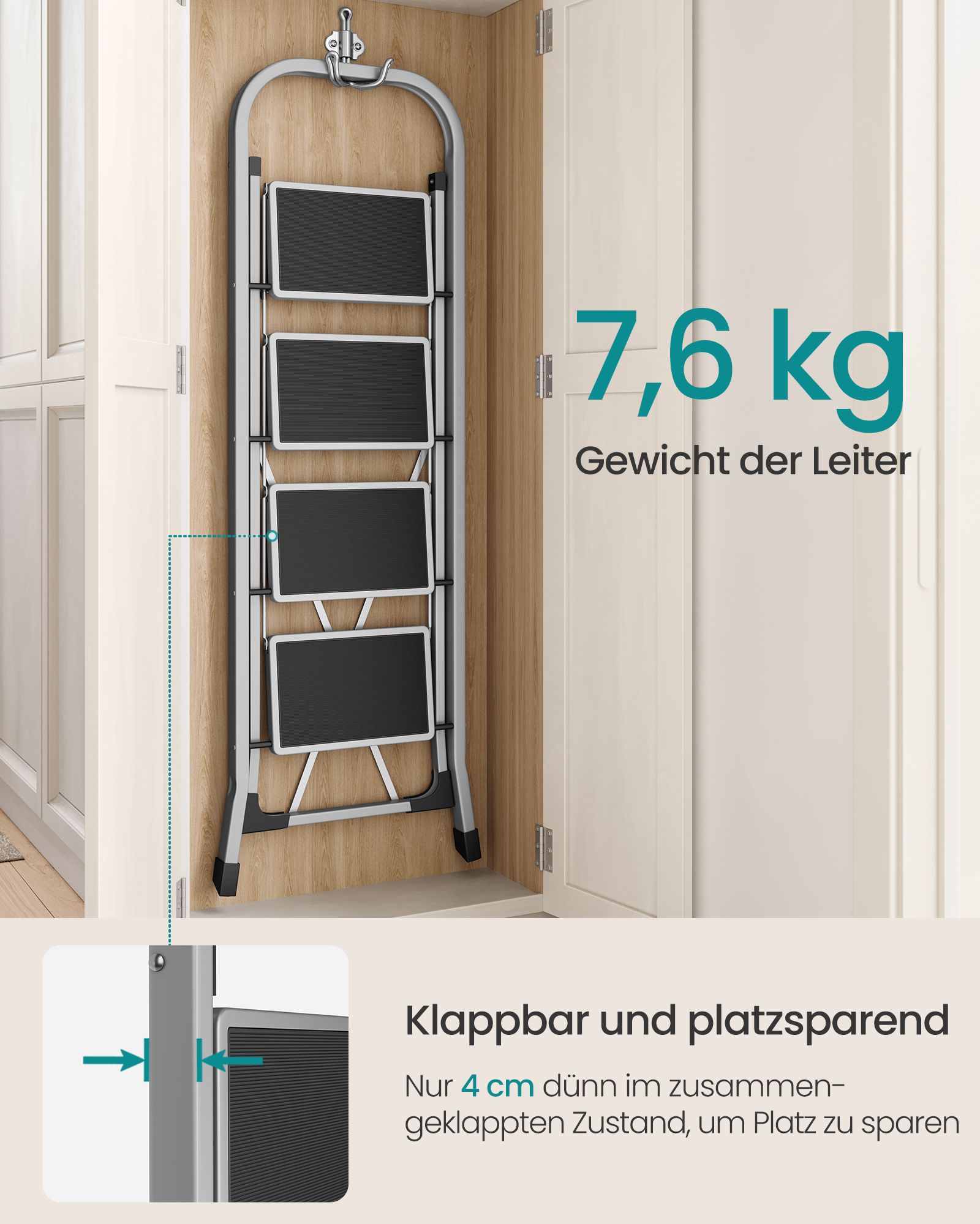 Kopėčių laiptelis su 4 pakopomis, plieninis, iki 150 kg, pilkai rusvos spalvos - Image 3