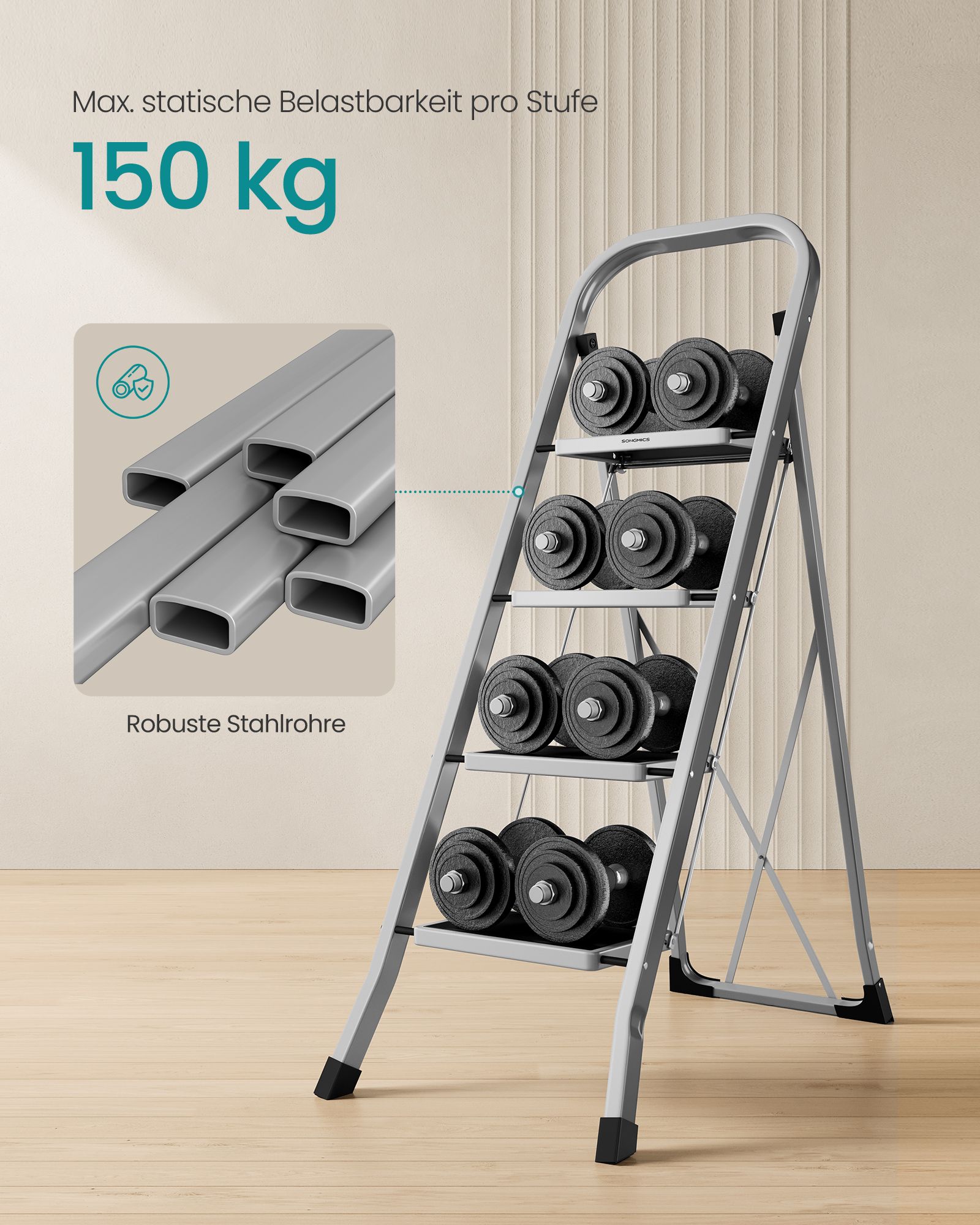 Kopėčių laiptelis su 4 pakopomis, plieninis, iki 150 kg, pilkai rusvos spalvos - Image 4