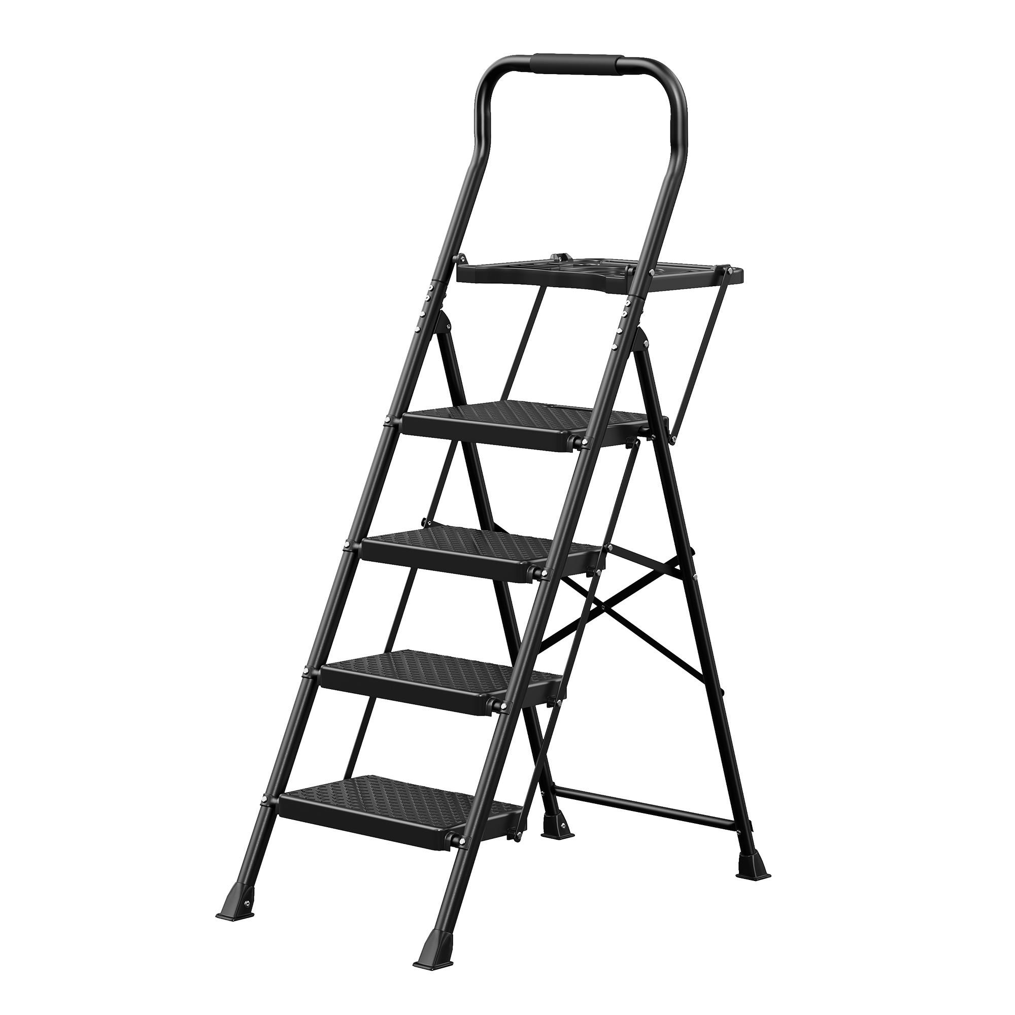 Taitettava porrasjakkara, 4 askelmaa, teräs, musta, 150 kg, 84 x 45,5 x 145,2 cm