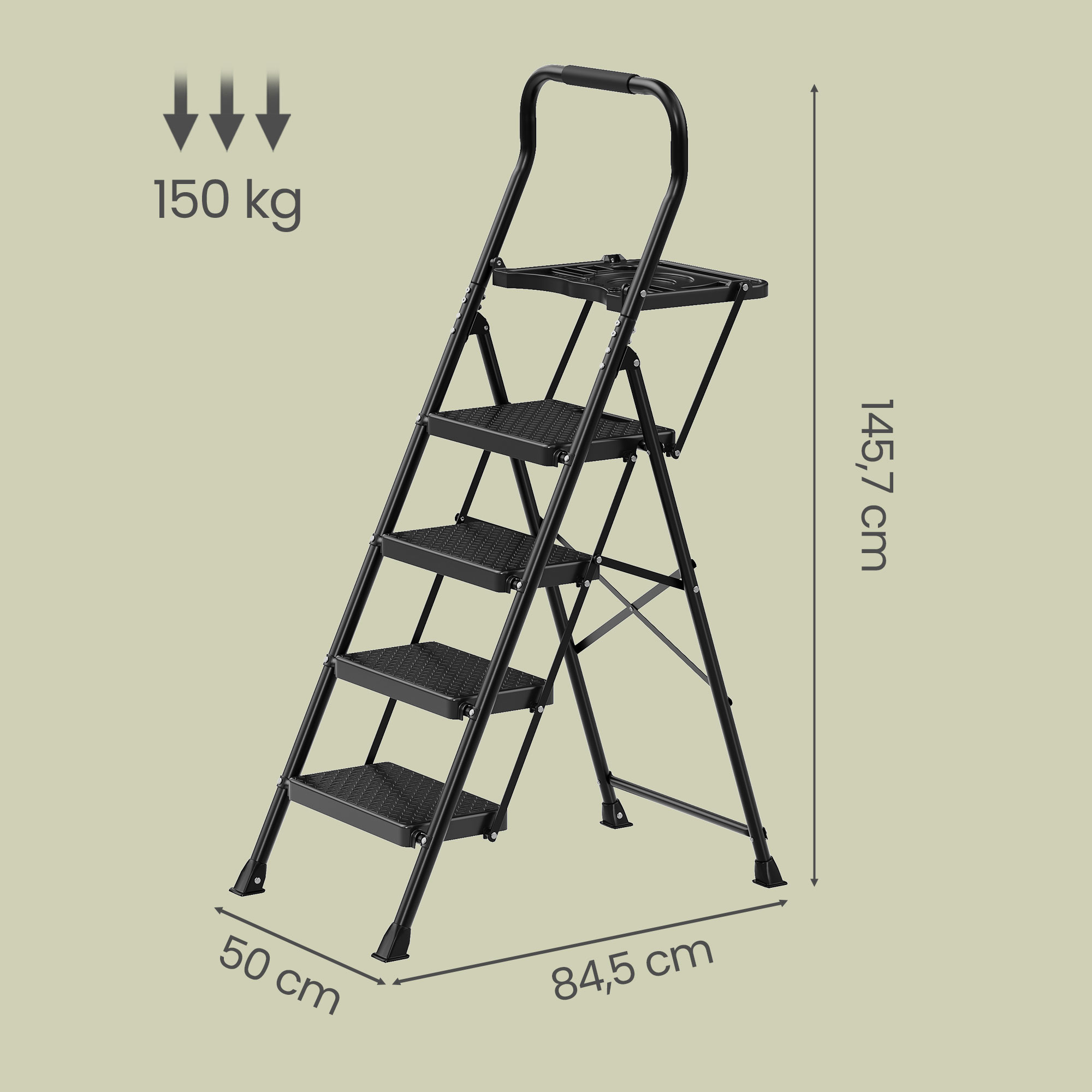 Taitettava porrasjakkara, 4 askelmaa, teräs, musta, 150 kg, 84 x 45,5 x 145,2 cm - Image 3