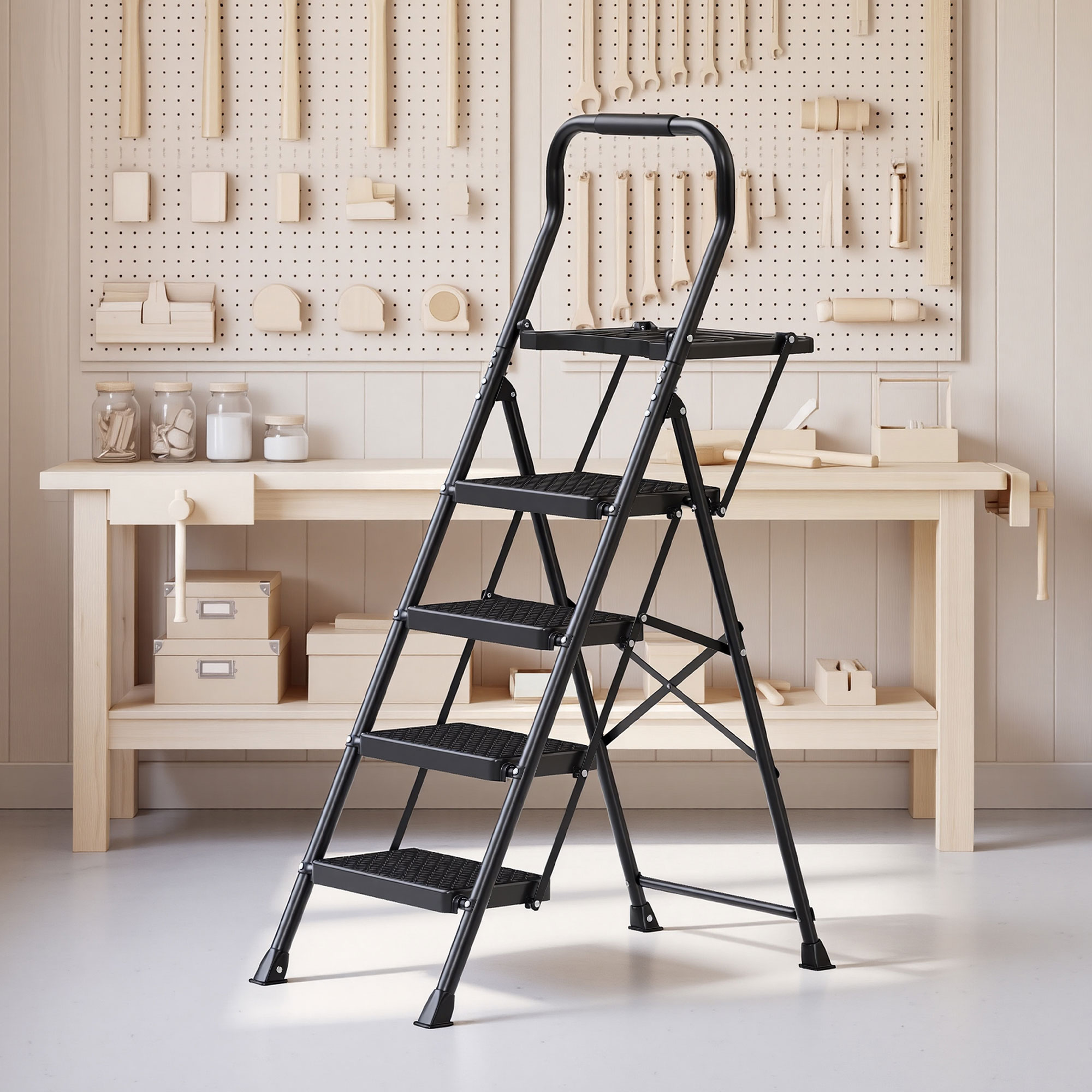 Taitettava porrasjakkara, 4 askelmaa, teräs, musta, 150 kg, 84 x 45,5 x 145,2 cm - Image 5