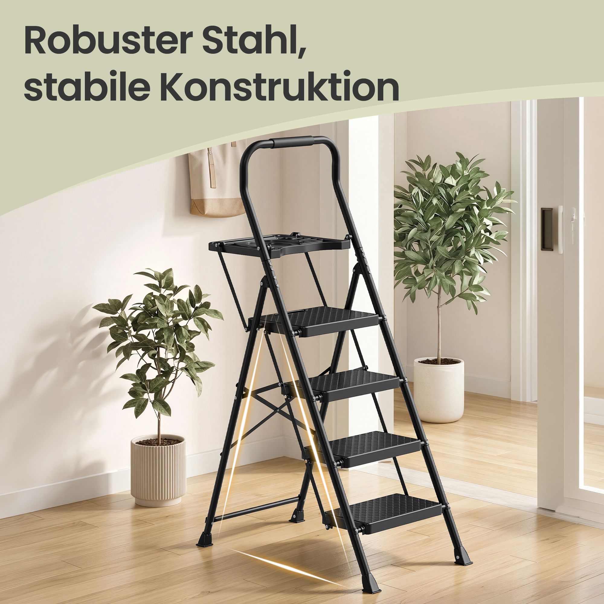 Taitettava porrasjakkara, 4 askelmaa, teräs, musta, 150 kg, 84 x 45,5 x 145,2 cm - Image 6