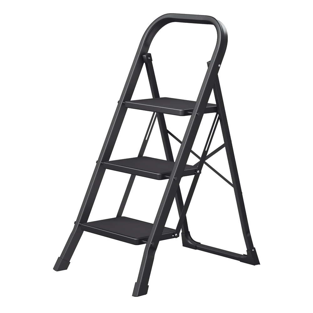 3 pakopų pastatomos kopėčios iš plieno, sulankstomos, su turėklu, 150 kg, juodos