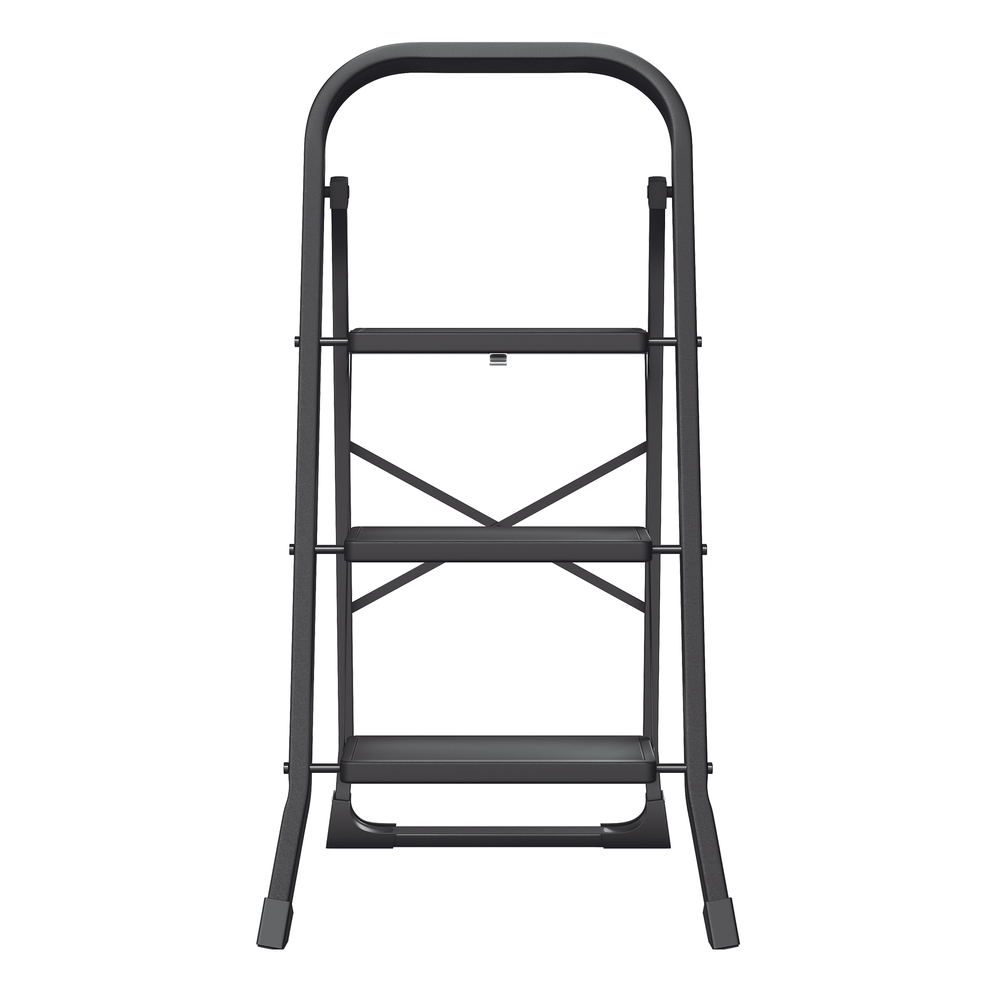 3-askelmainen teräksinen kokoontaittuva porrasjakkara käsituella, 150 kg, musta - Image 2