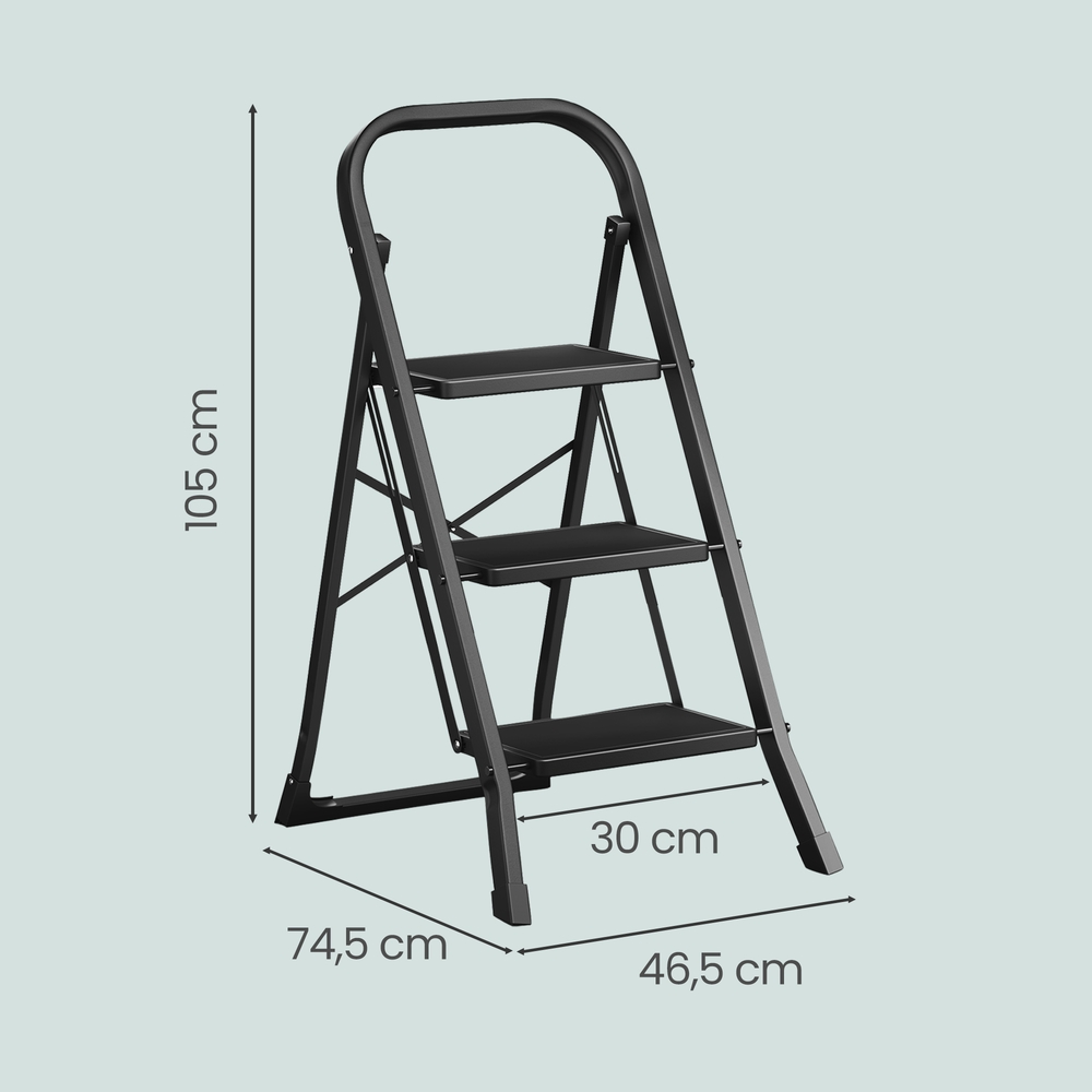 3-askelmainen teräksinen kokoontaittuva porrasjakkara käsituella, 150 kg, musta - Image 3