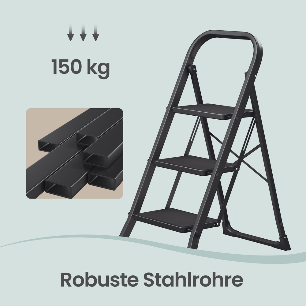 3-askelmainen teräksinen kokoontaittuva porrasjakkara käsituella, 150 kg, musta - Image 6