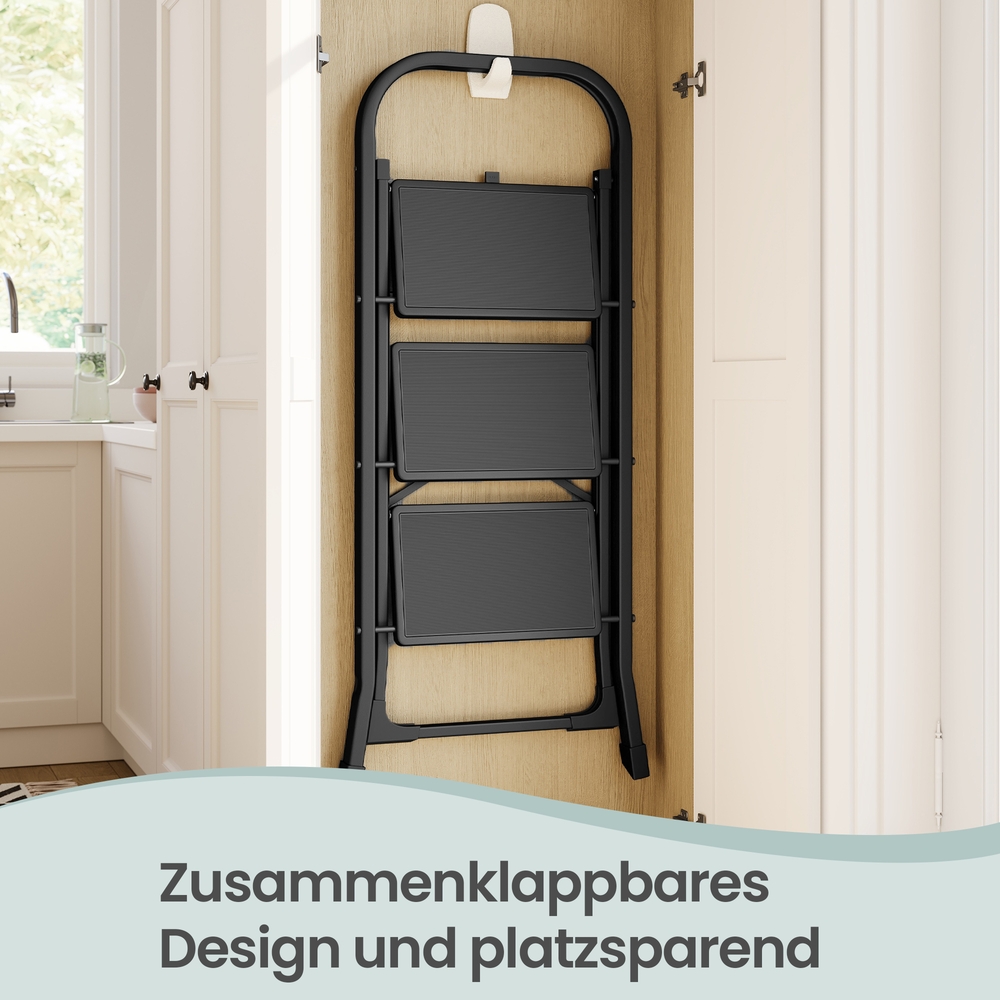 3-askelmainen teräksinen kokoontaittuva porrasjakkara käsituella, 150 kg, musta - Image 7