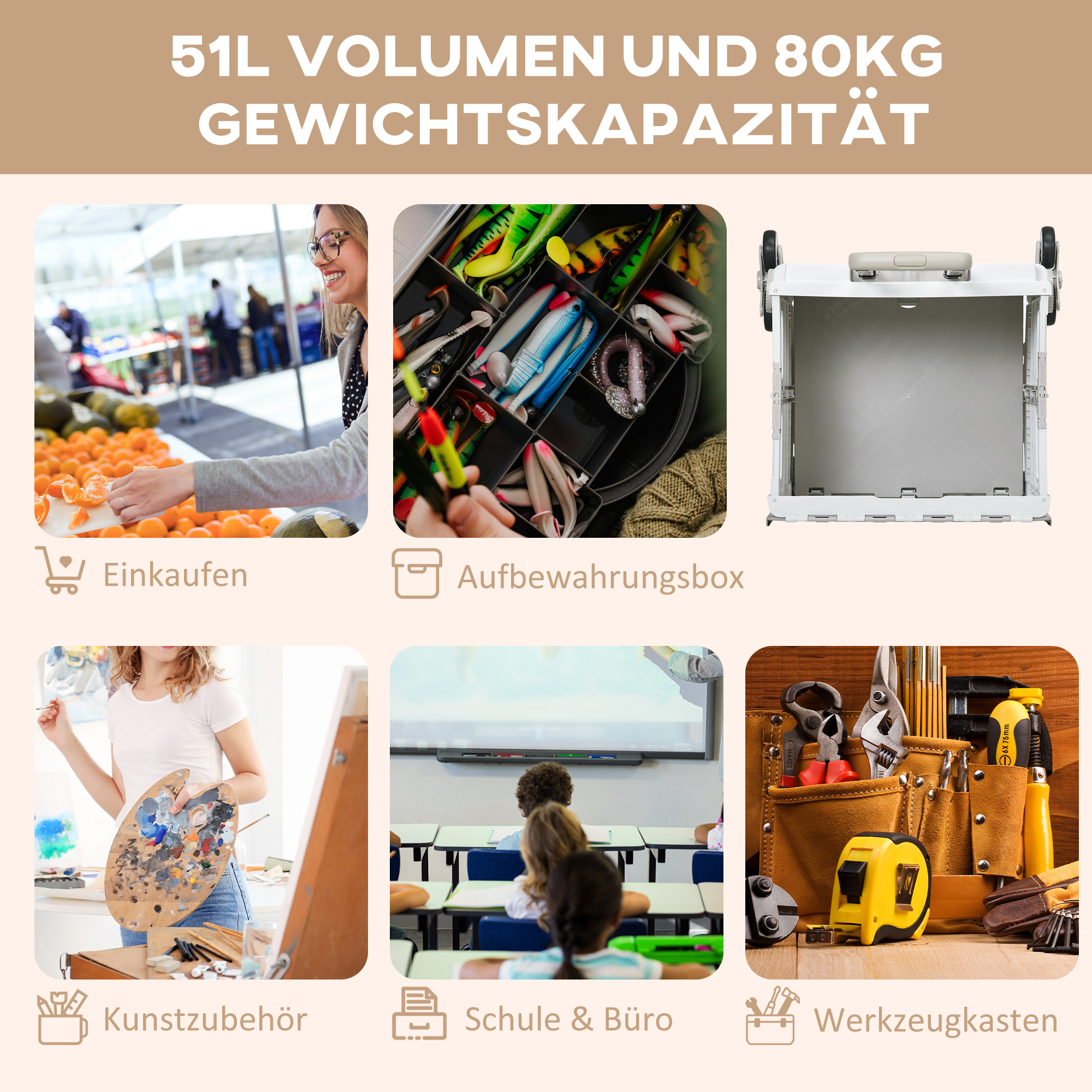 Saliekams kāpņu iepirkumu ratiņi, balti, 51 l - Image 5
