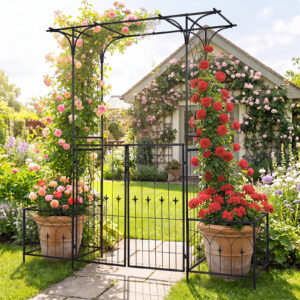 Aiaarhitektuur värava ja lillekastidega metallist must 201 × 52 × 206 cm
