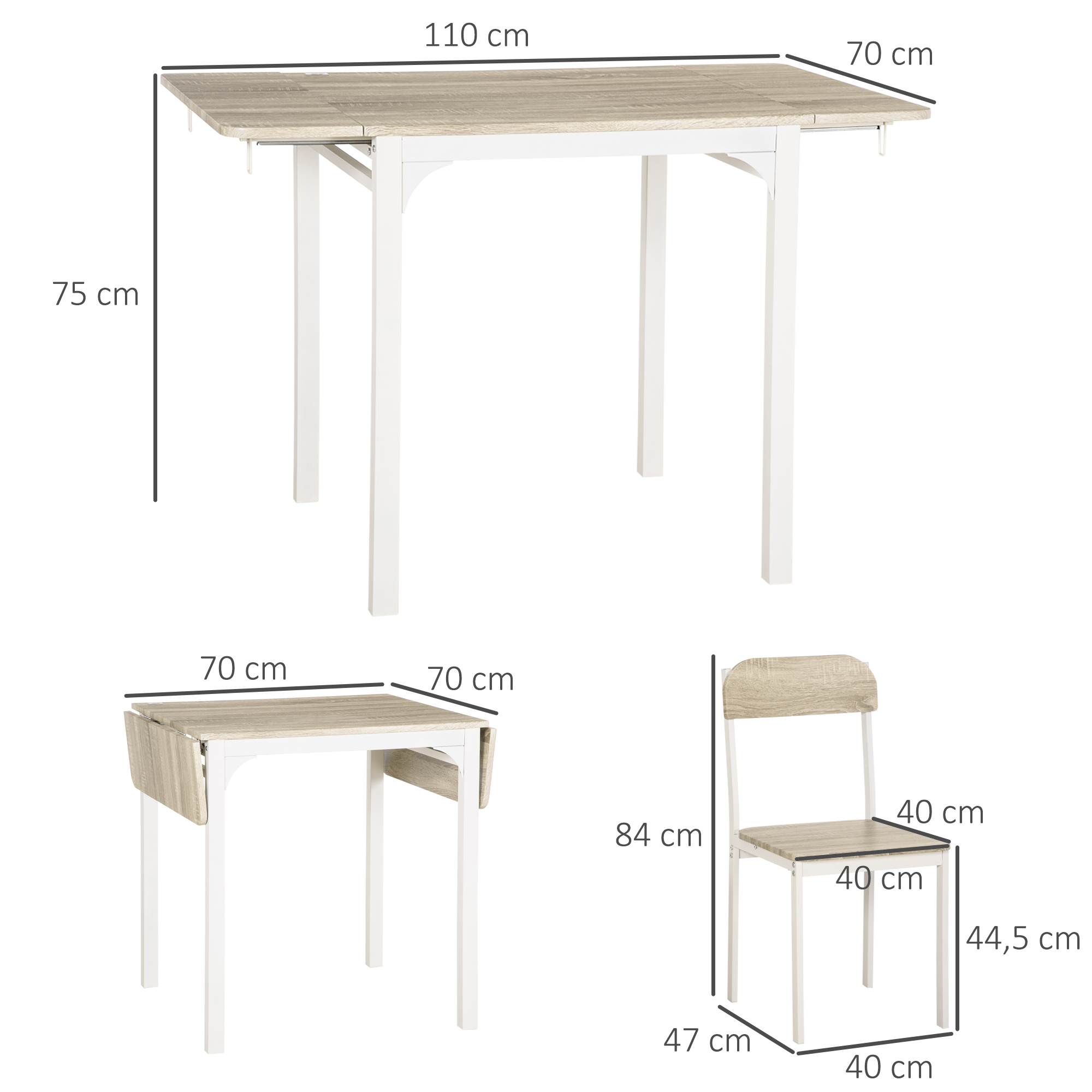 3 dalių sulankstomas valgomojo komplektas, stalas su 2 kėdėmis, 110 x 70 x 75 cm, balta + natūrali - Image 3